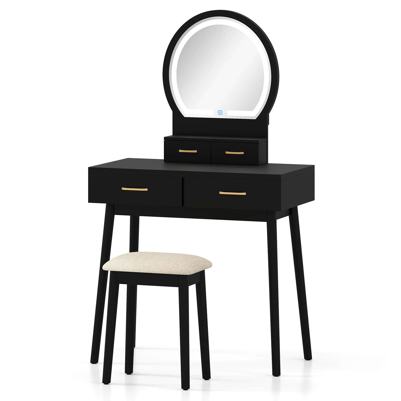 Small Vanity Table Set With Cushioned Stool, LED Mirror, Black