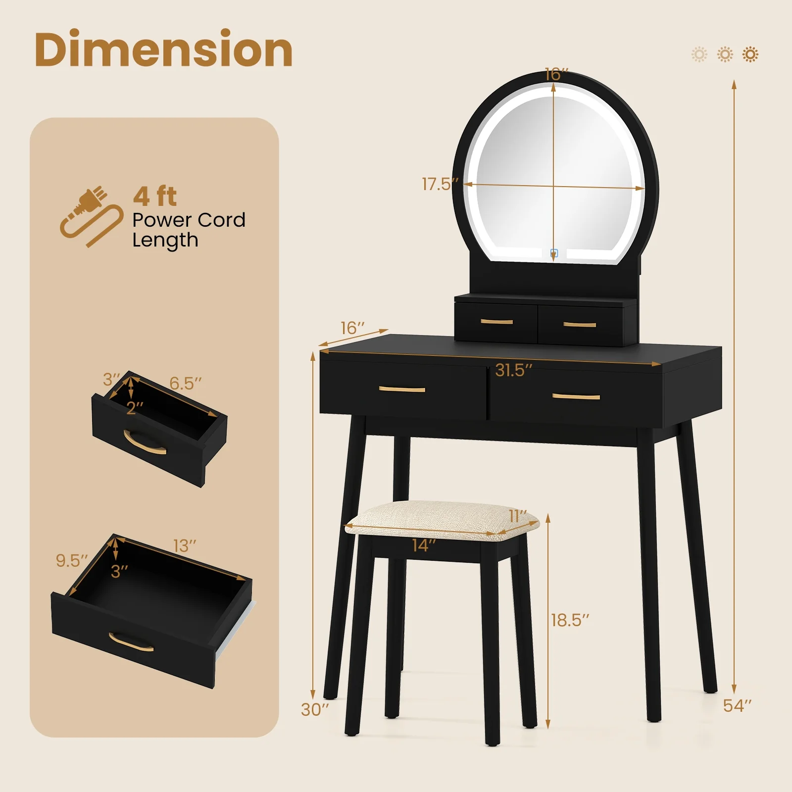 Small Vanity Table Set With Cushioned Stool, LED Mirror, Black - Image 6