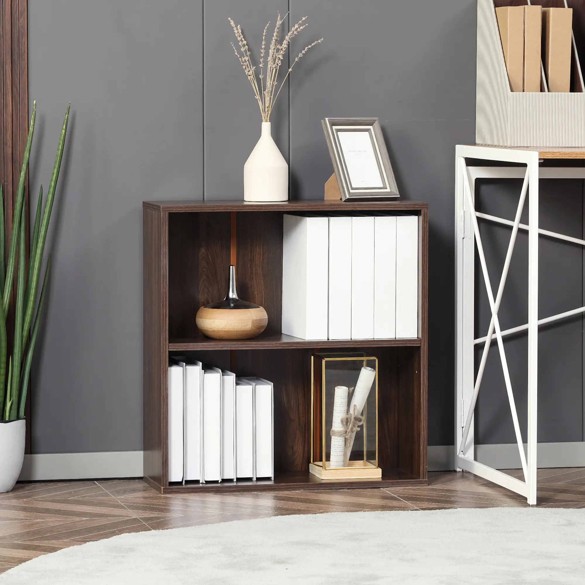 Small Wood Bookshelf, 2 Tier Storage Rack, Walnut - Image 2