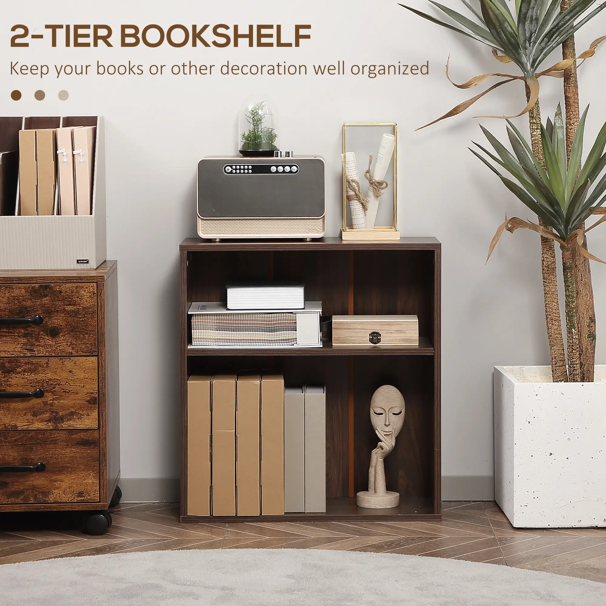 Small Wood Bookshelf, 2 Tier Storage Rack, Walnut - Image 4