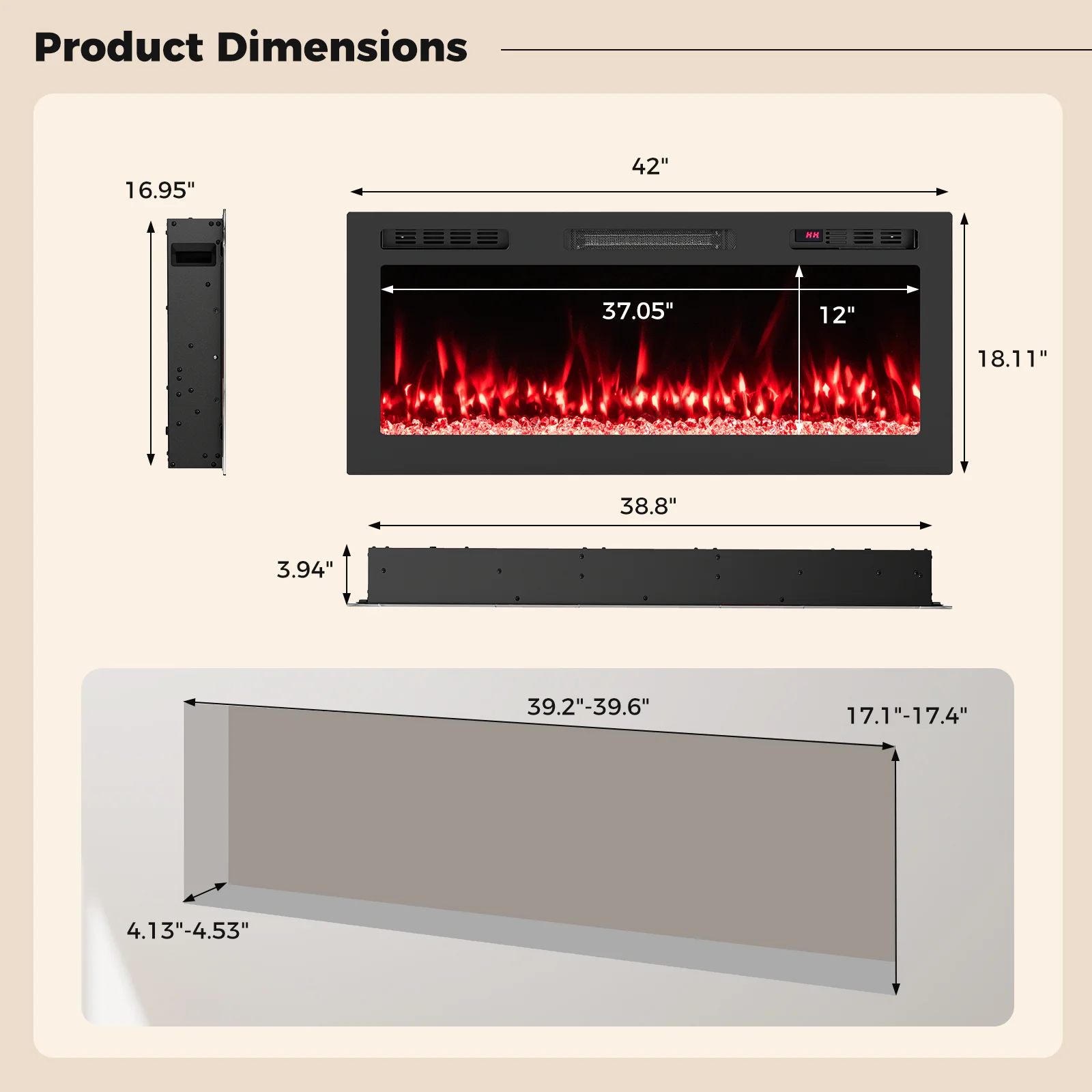 Smart WiFi Electric Fireplace, 42 Inch, Wall Mounted Recessed Heater, Black - Image 6