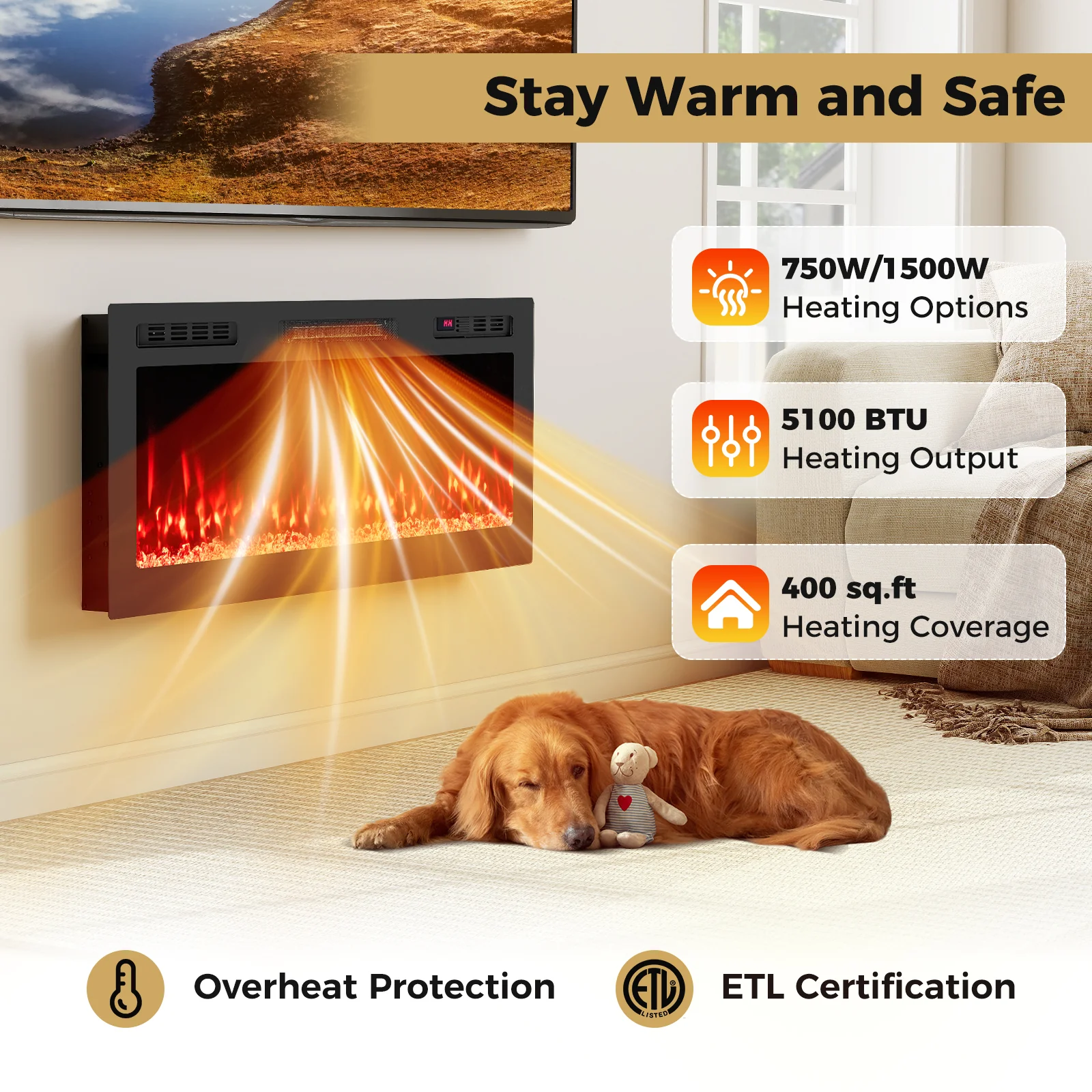 Smart WiFi Electric Fireplace, 42 Inch, Wall Mounted Recessed Heater, Black - Image 8