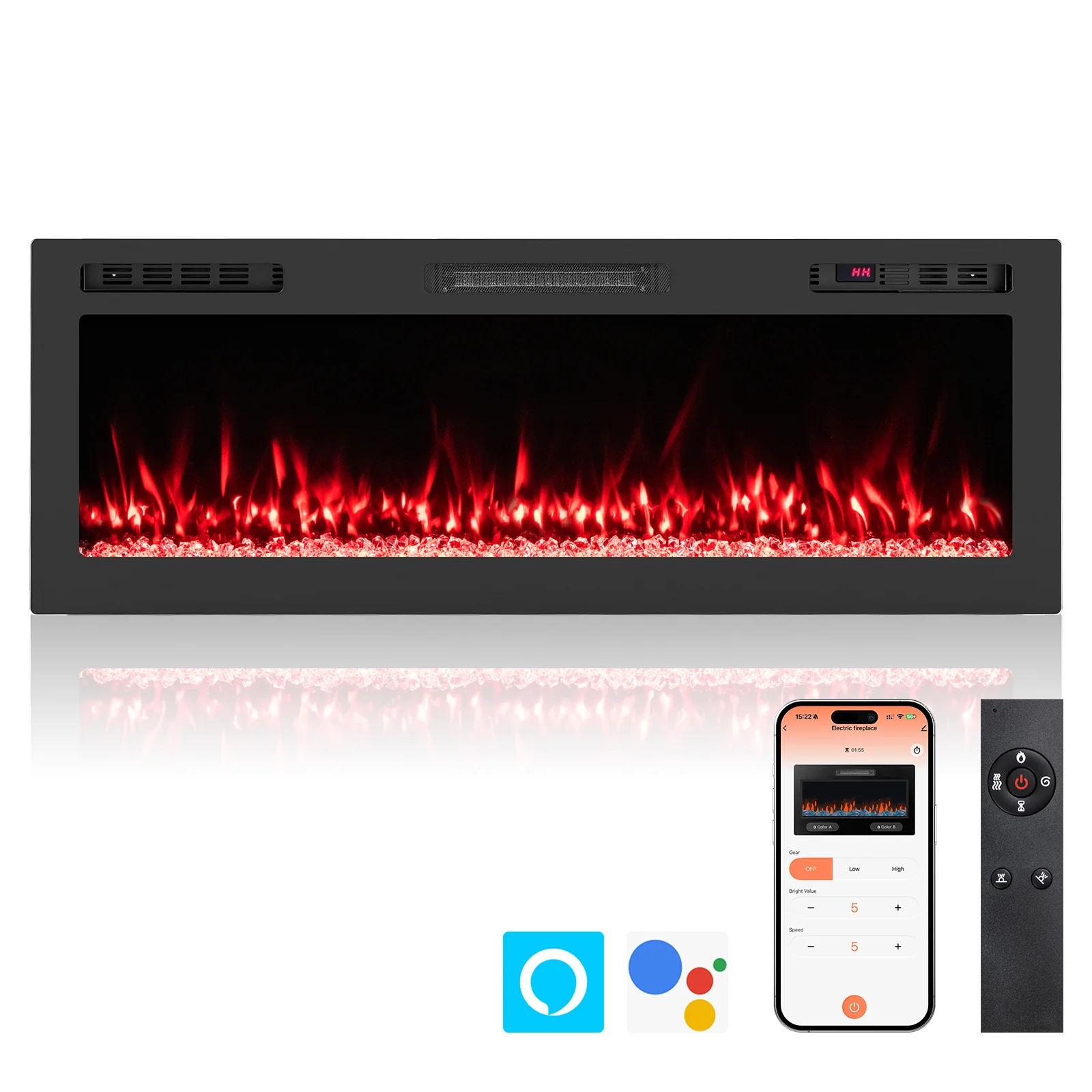 Smart WiFi Electric Fireplace Wall Mounted & Recessed 750W/1500W Heater-50 Inch, Black - Image 5