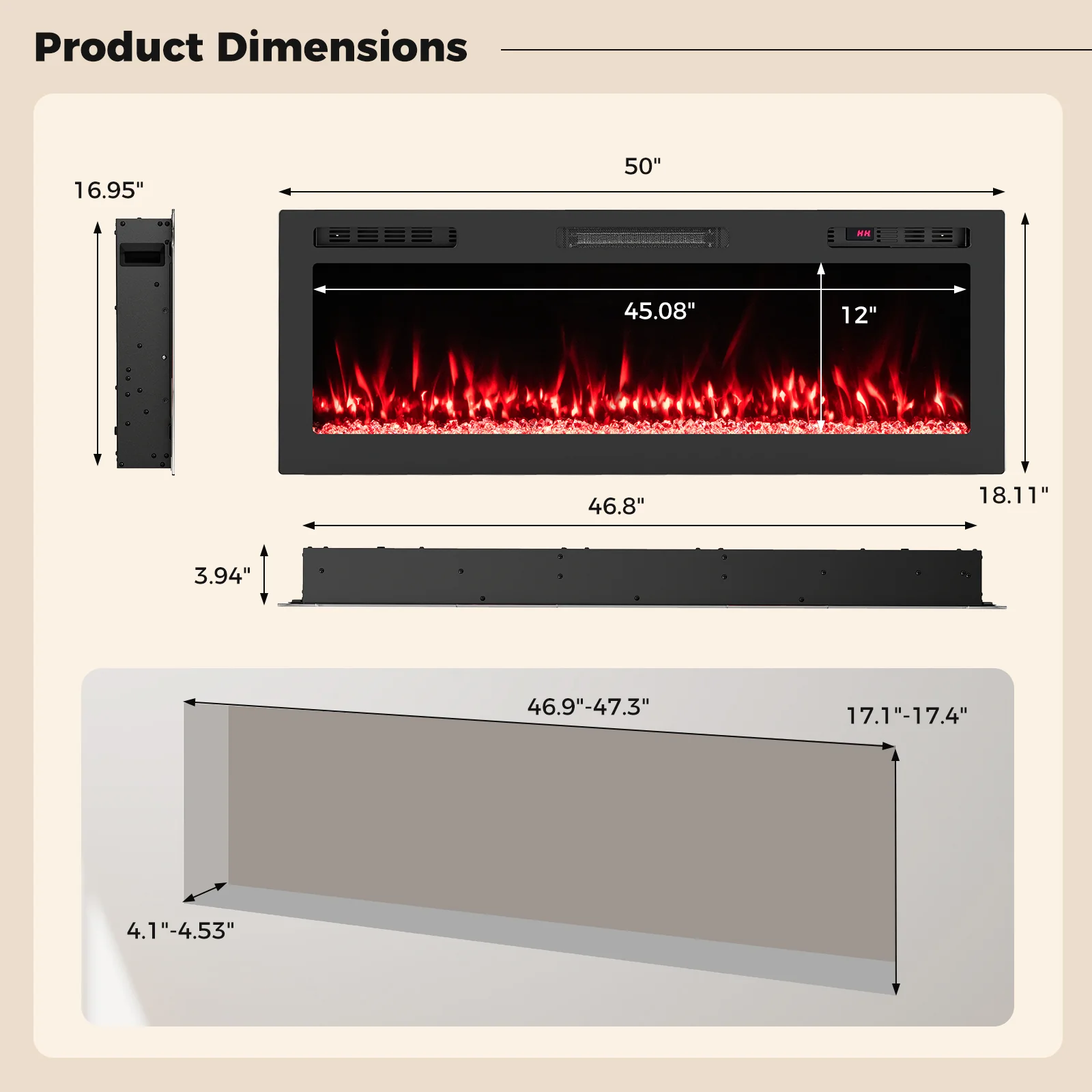 Smart WiFi Electric Fireplace Wall Mounted & Recessed 750W/1500W Heater-50 Inch, Black - Image 6