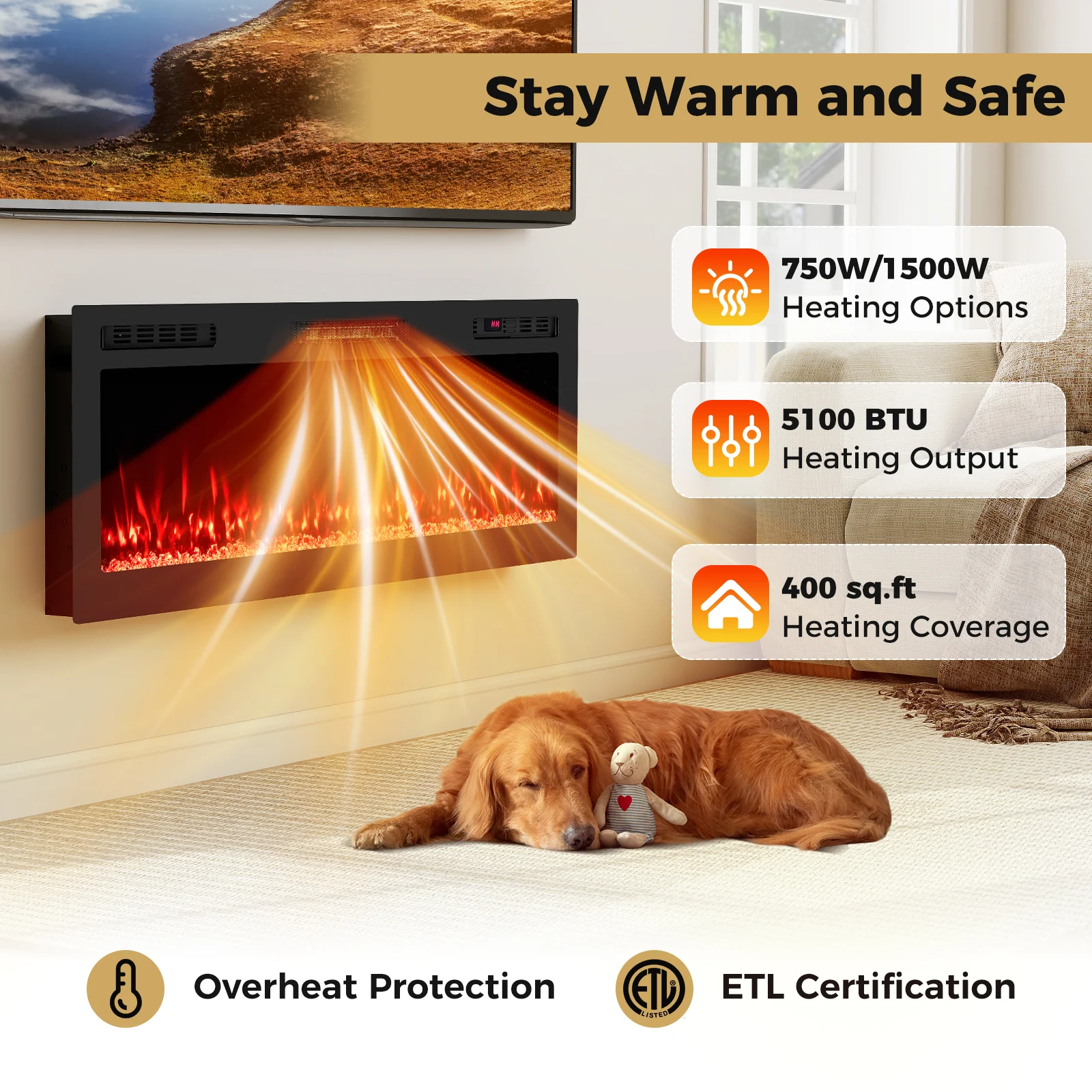 Smart WiFi Electric Fireplace Wall Mounted & Recessed 750W/1500W Heater-50 Inch, Black - Image 8