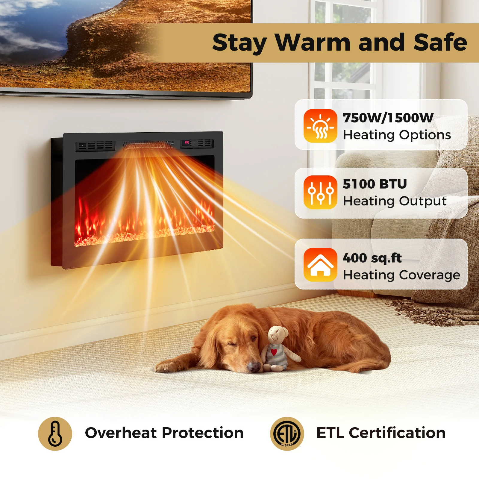 Smart WiFi Electric Fireplace, Wall Mounted Recessed Heater, 36 Inch, Black - Image 8
