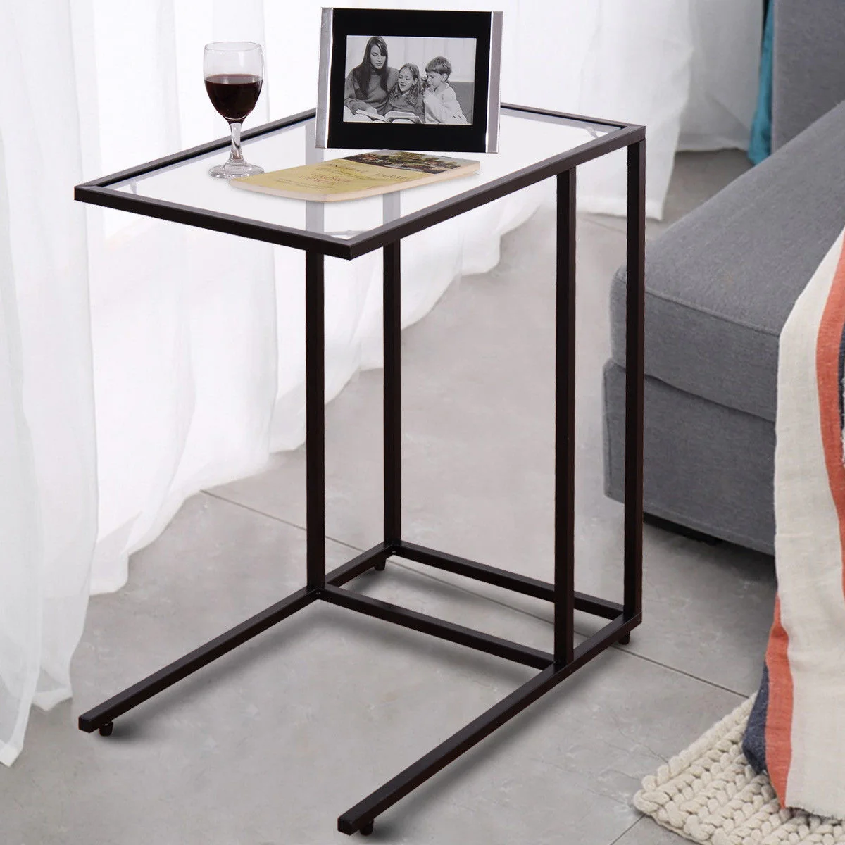 Sofa End Table, Coffee Side Table With Glass Top, Black - Image 2