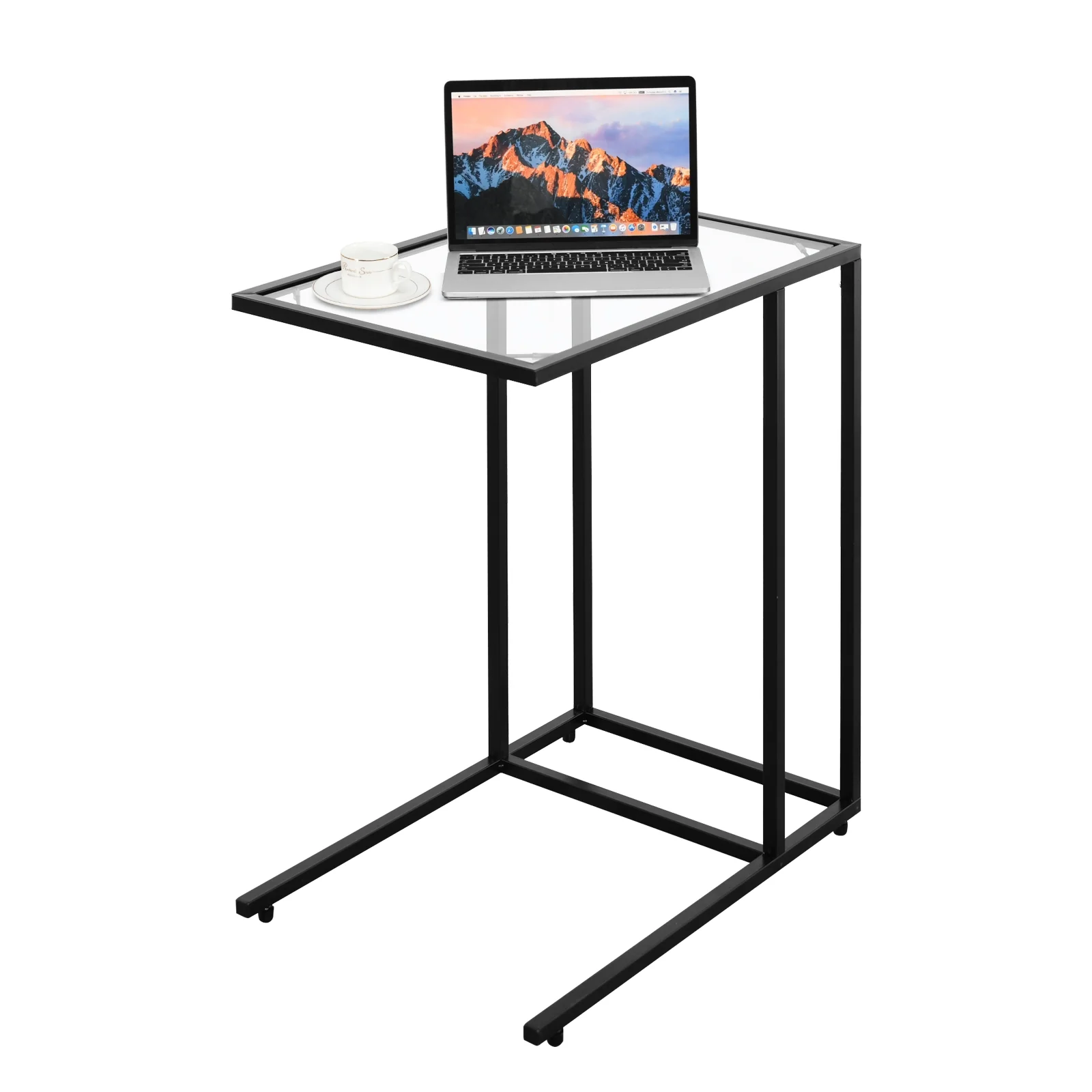 Sofa End Table, Coffee Side Table With Glass Top, Black - Image 4