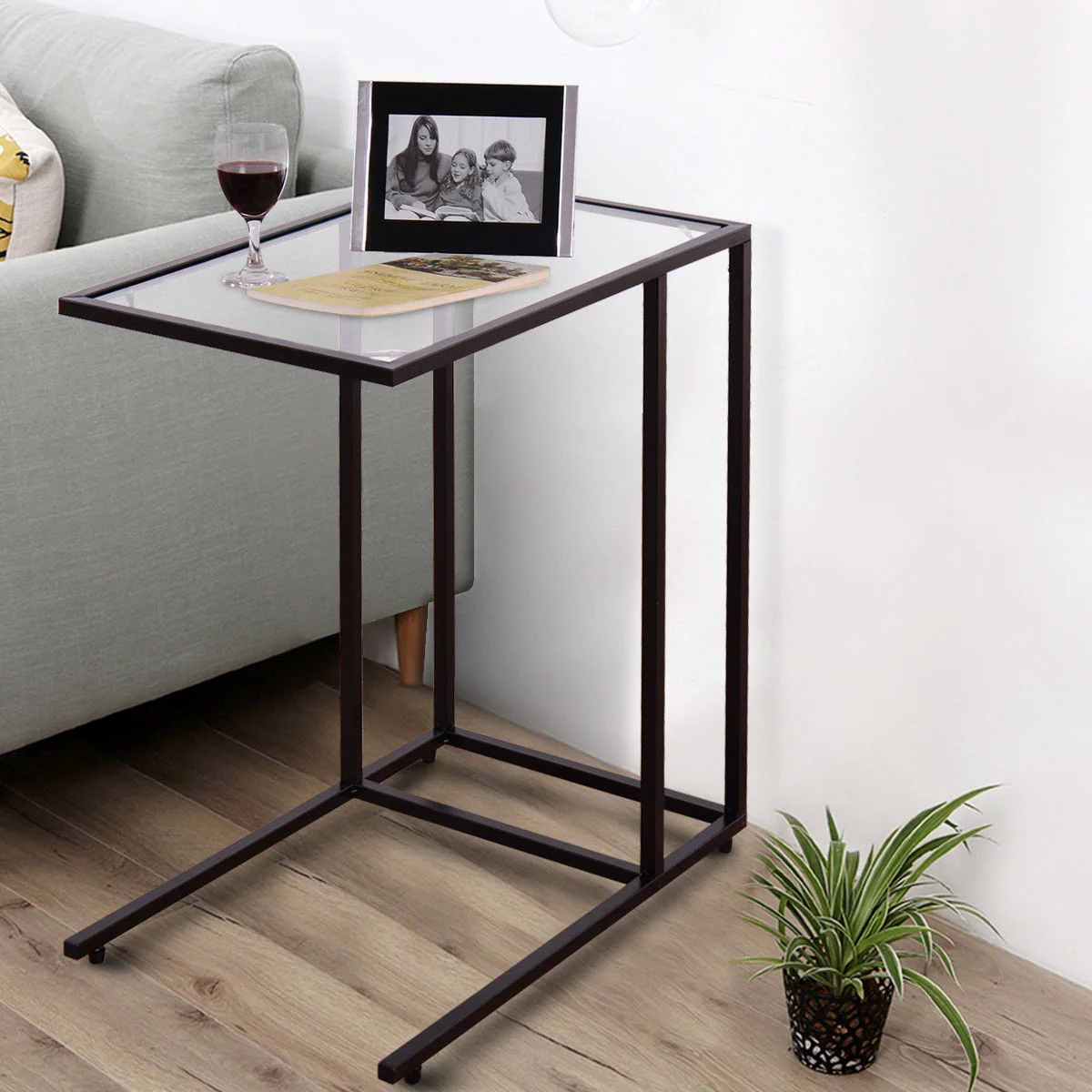 Sofa End Table, Coffee Side Table With Glass Top, Black - Image 7