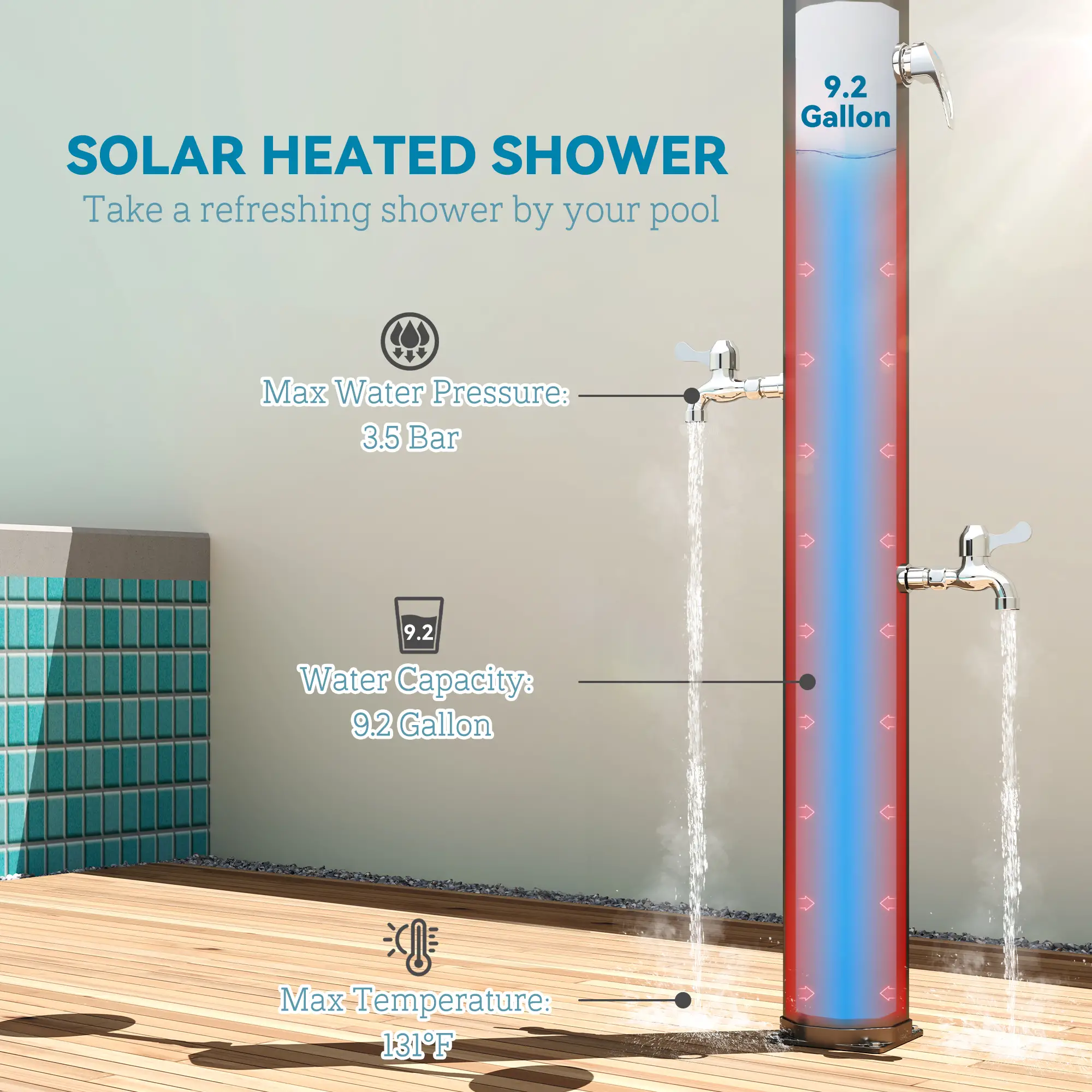 Solar Heated Outdoor Shower, 9.2 Gallon, 7.1ft, 2 Rotating Heads - Image 4