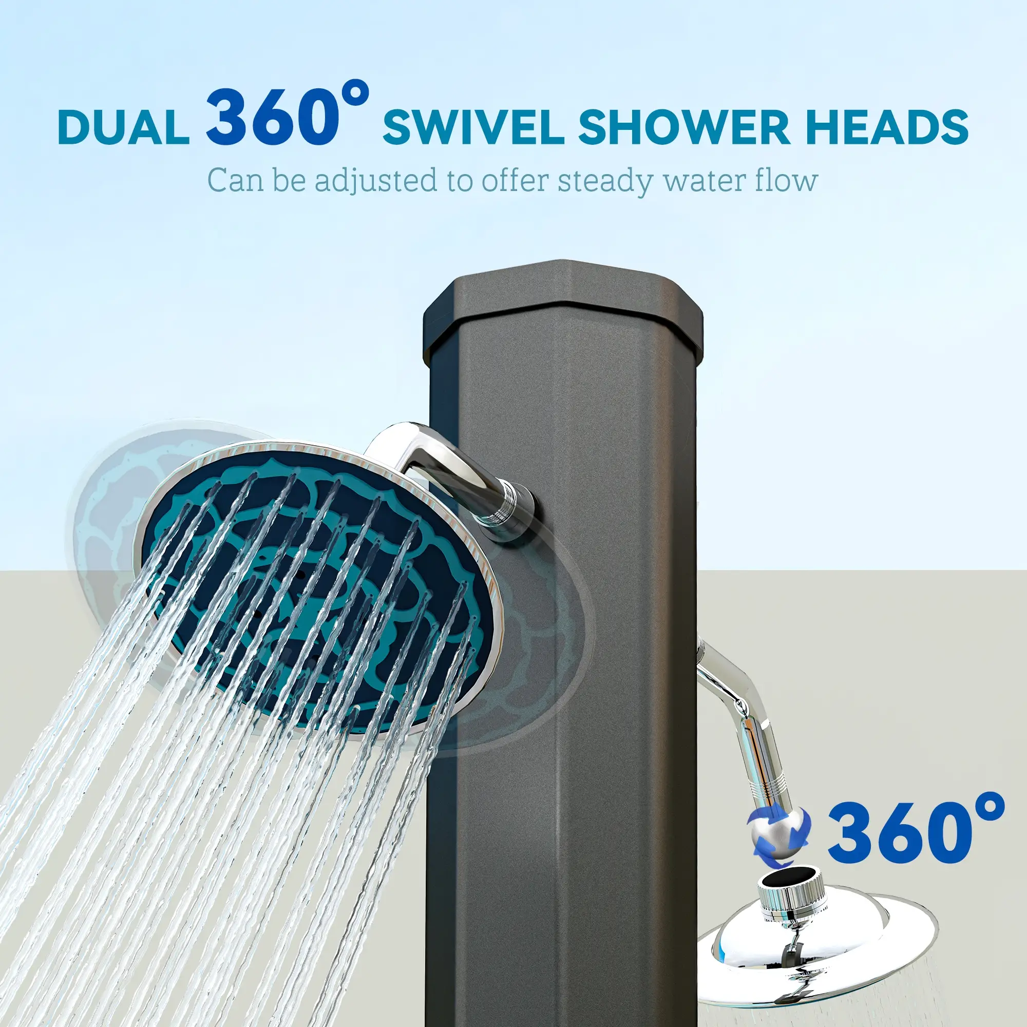 Solar Heated Outdoor Shower, 9.2 Gallon, 7.1ft, 2 Rotating Heads - Image 5
