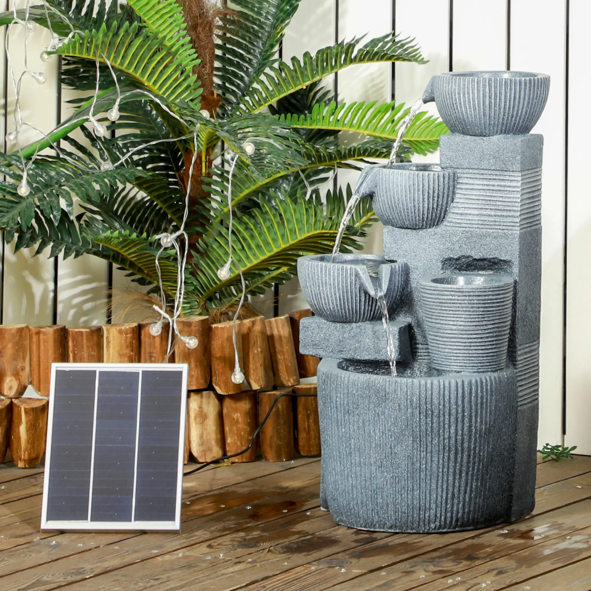 Solar Powered 4-Tier Resin Water Fountain, LED Lights - Image 2