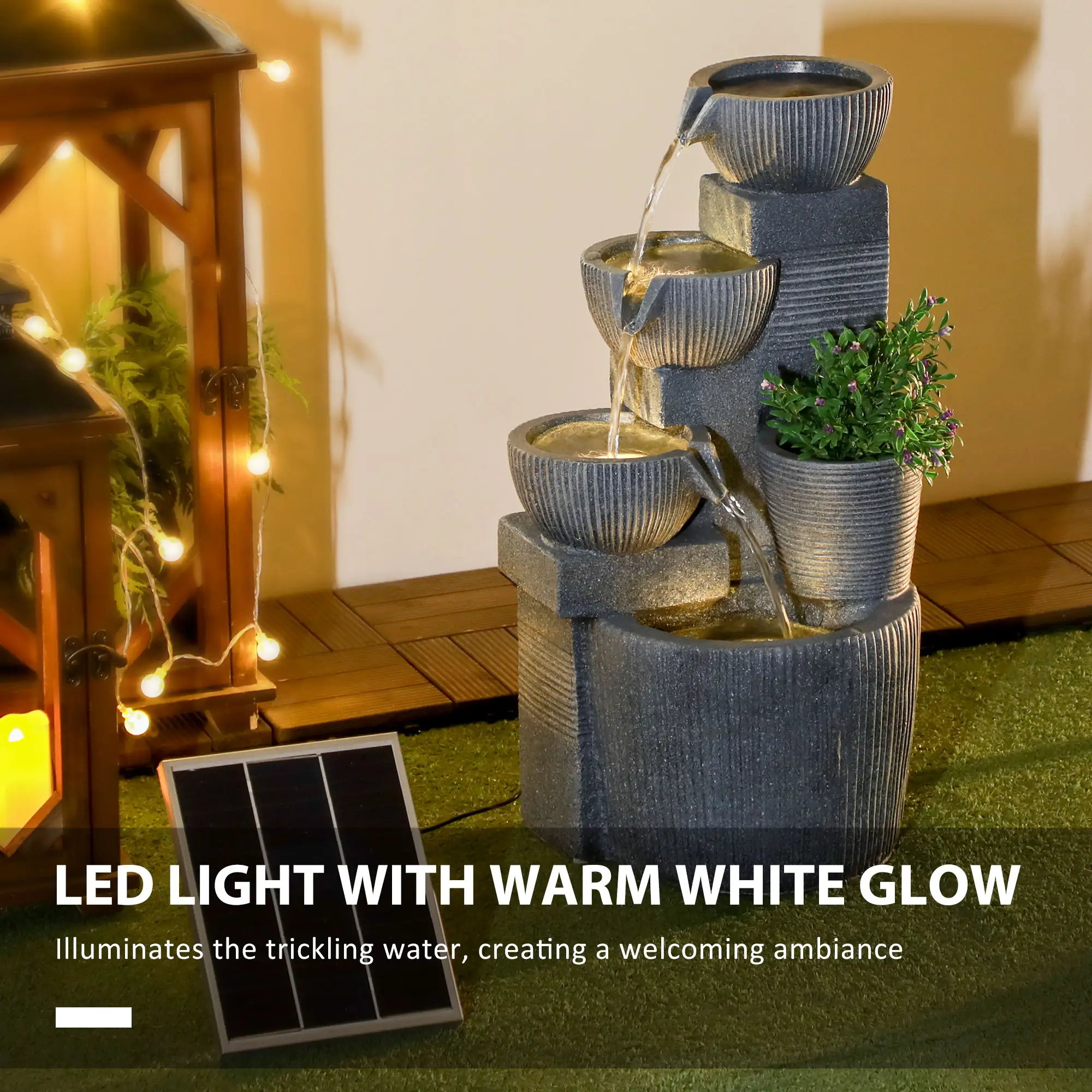 Solar Powered 4-Tier Resin Water Fountain, LED Lights - Image 4