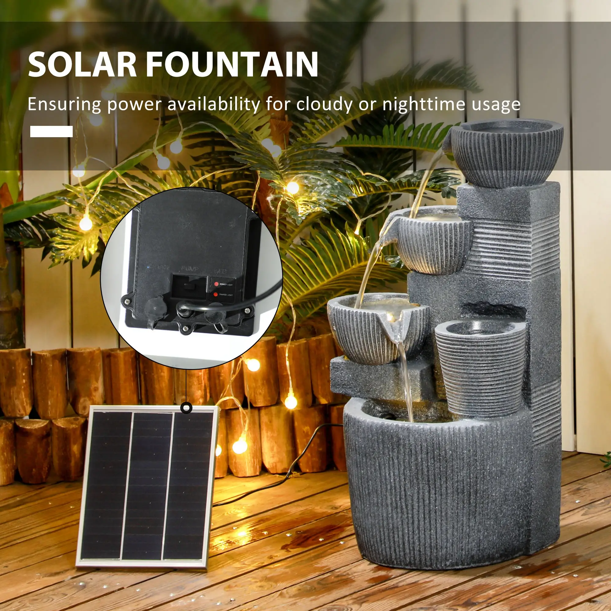 Solar Powered 4-Tier Resin Water Fountain, LED Lights - Image 5