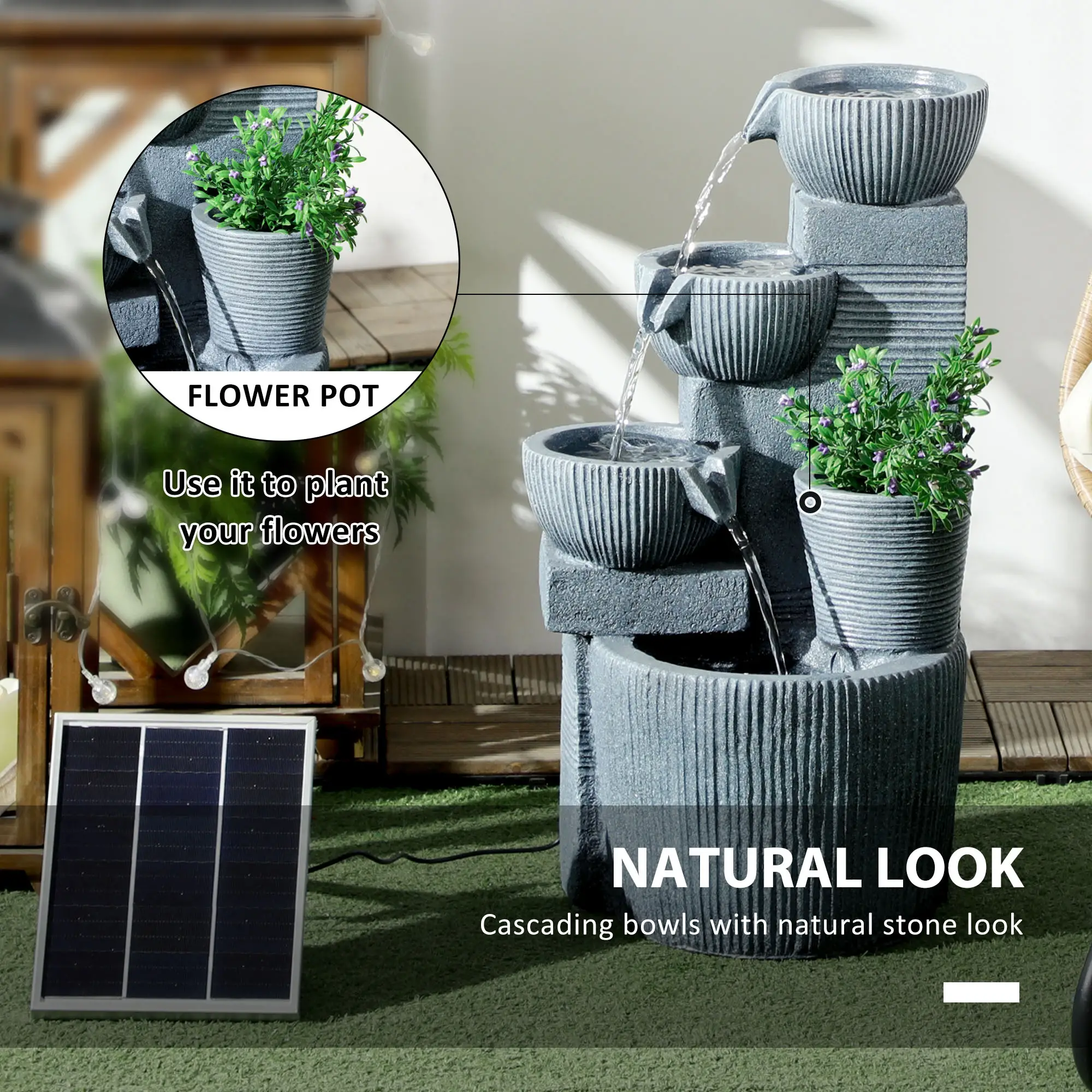Solar Powered 4-Tier Resin Water Fountain, LED Lights - Image 6