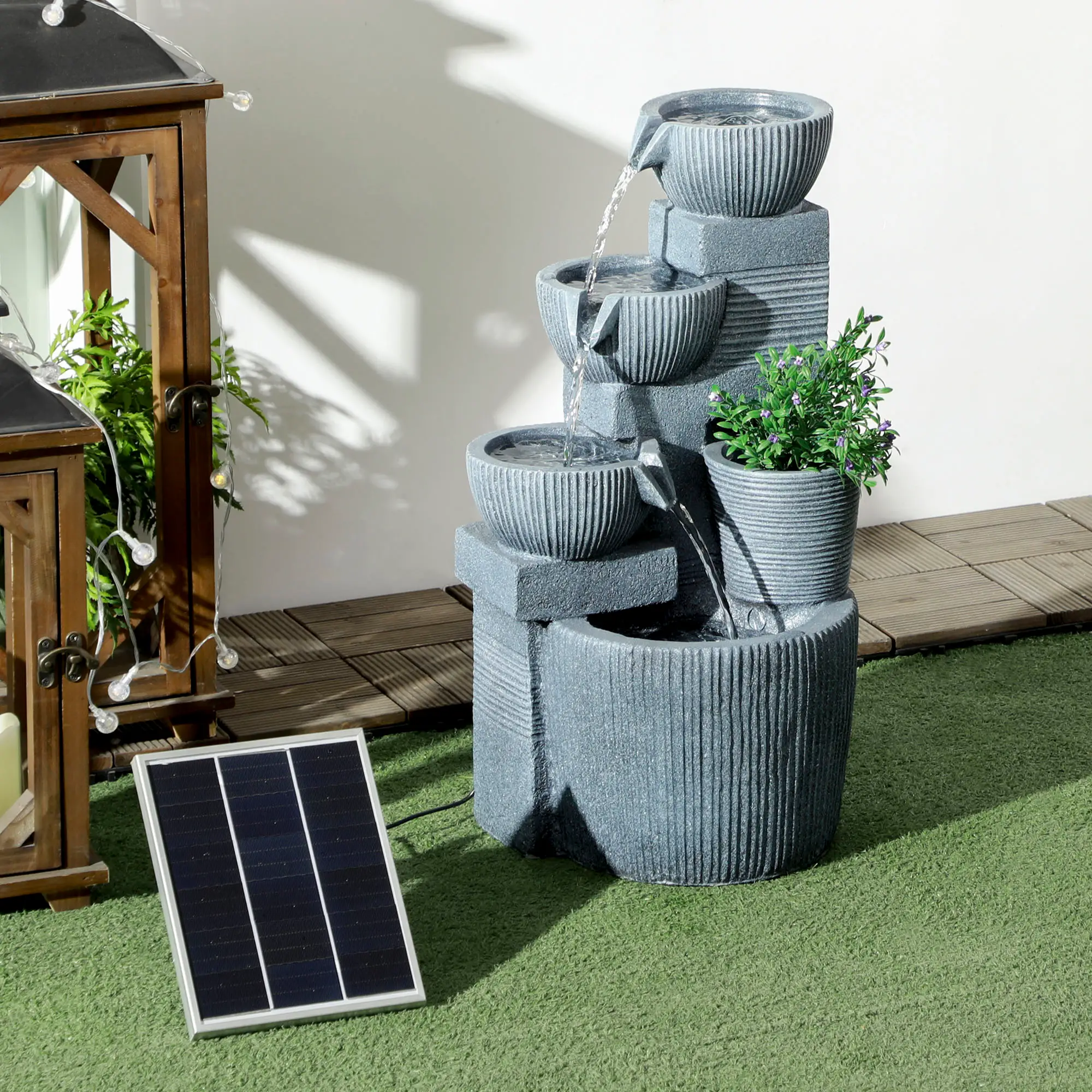 Solar Powered 4-Tier Resin Water Fountain, LED Lights - Image 8