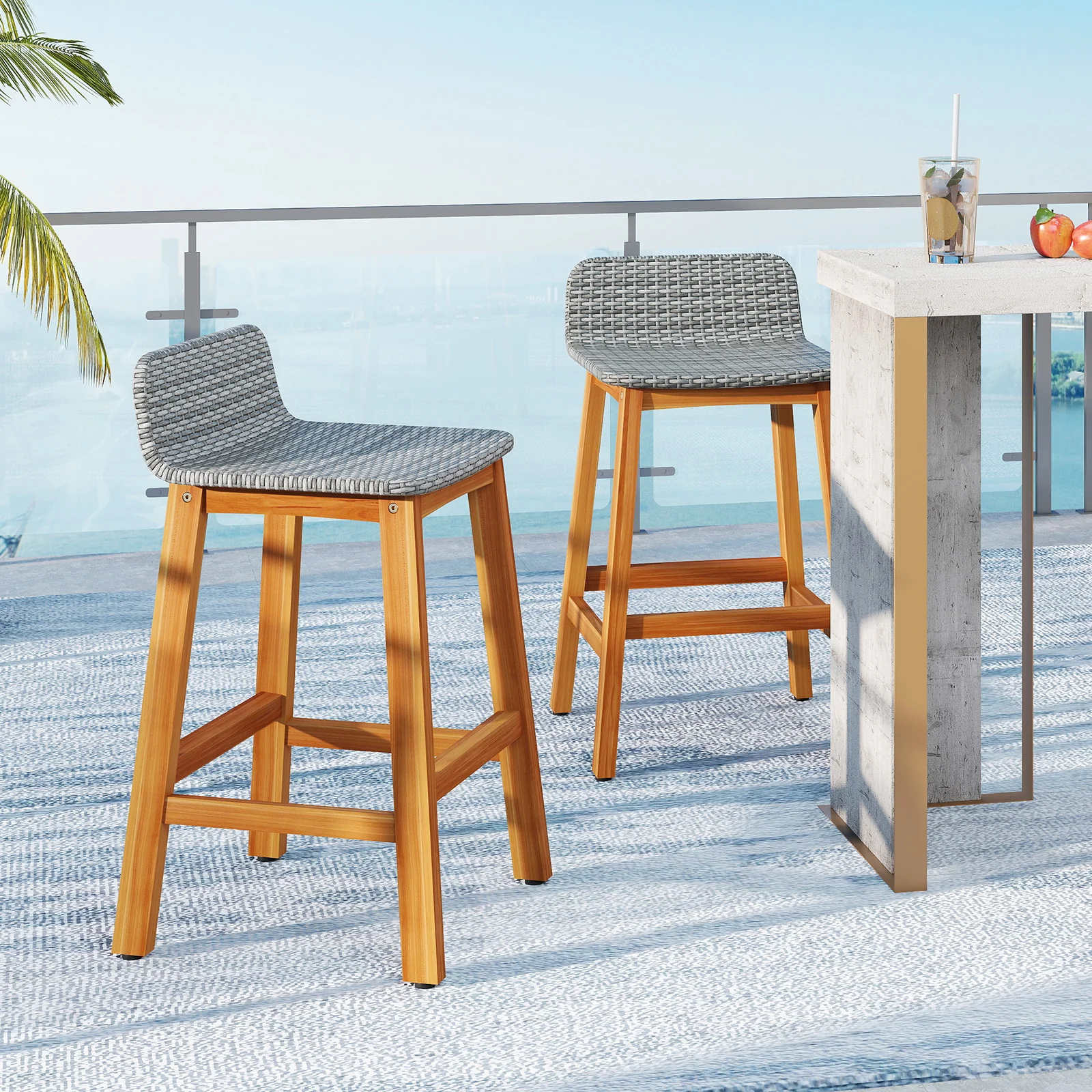 Solid Acacia Wood Bar Stools, Set of 2, Gray - Image 2