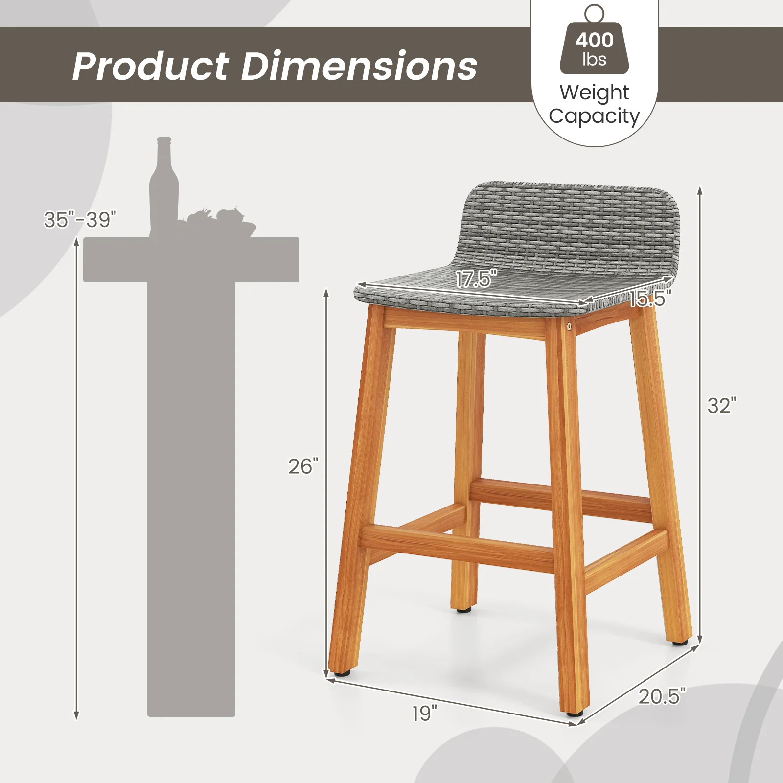 Solid Acacia Wood Bar Stools, Set of 2, Gray - Image 5