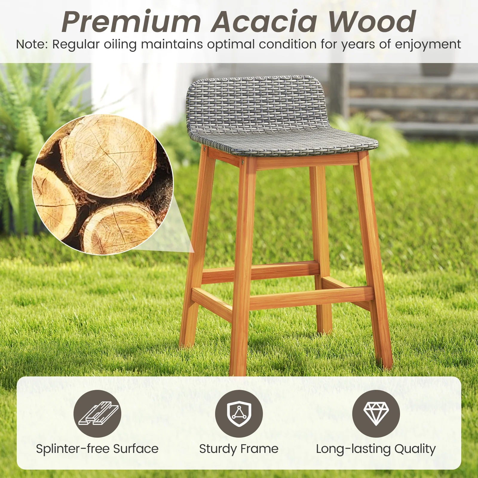 Solid Acacia Wood Bar Stools, Set of 2, Gray - Image 6