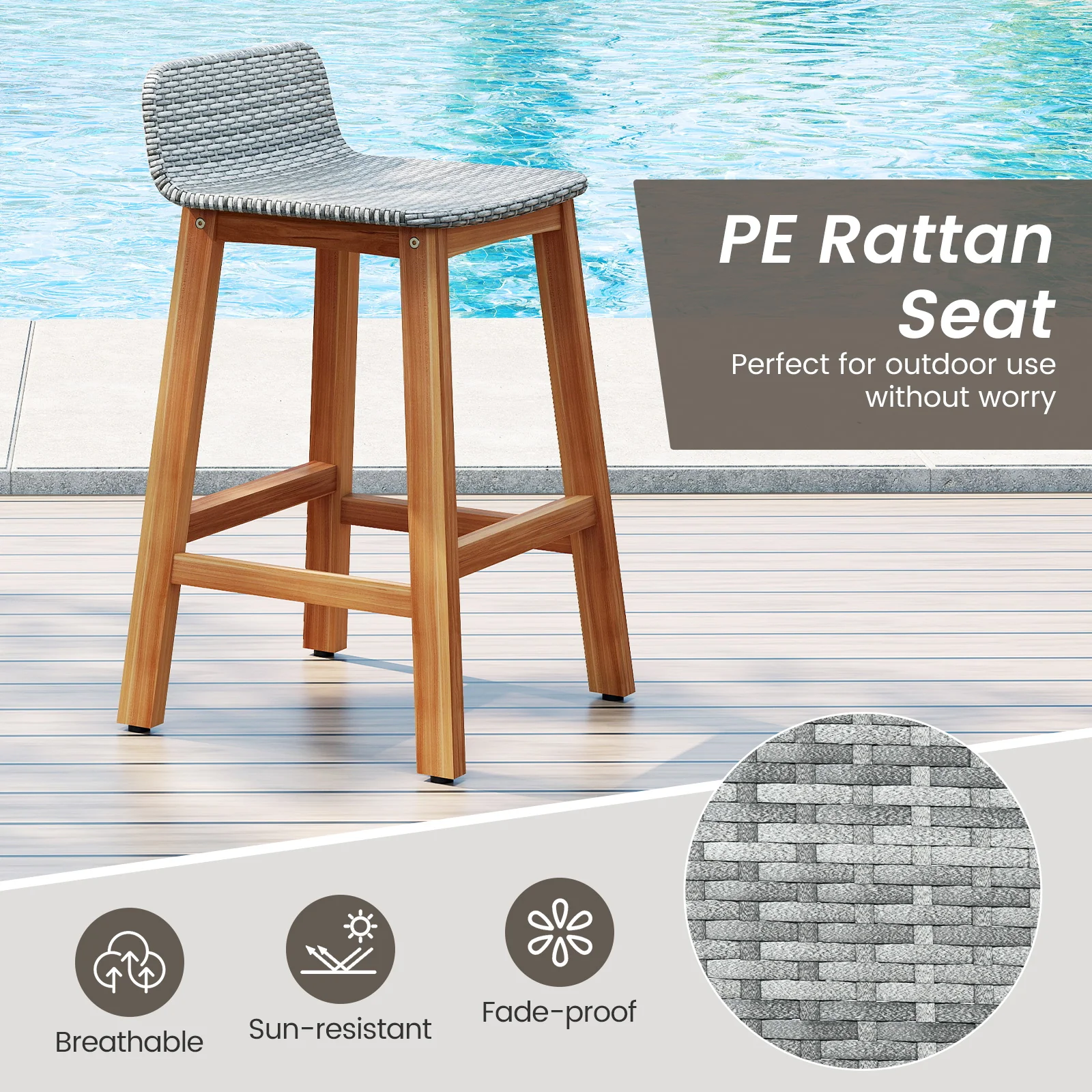 Solid Acacia Wood Bar Stools, Set of 2, Gray - Image 7
