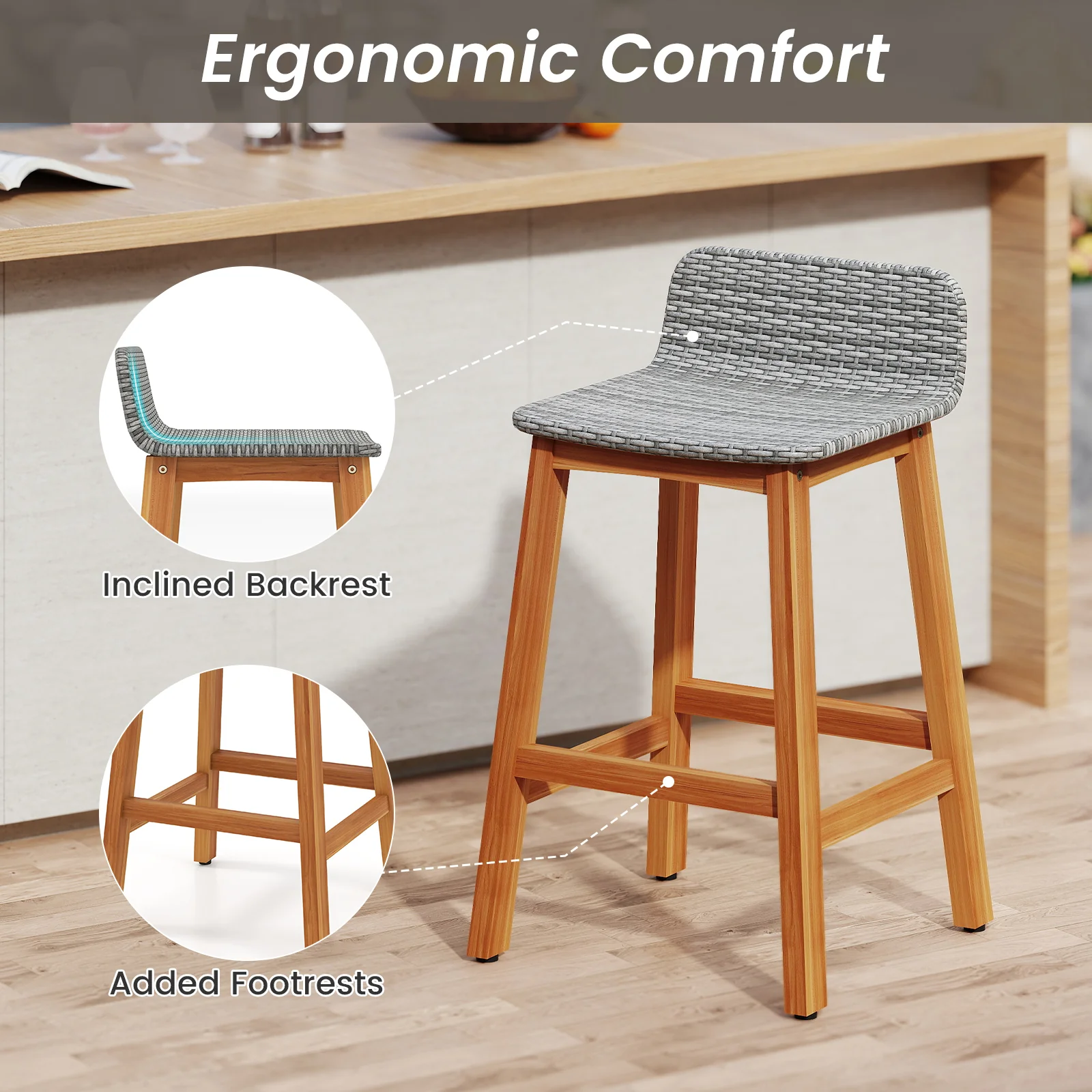 Solid Acacia Wood Bar Stools, Set of 2, Gray - Image 8