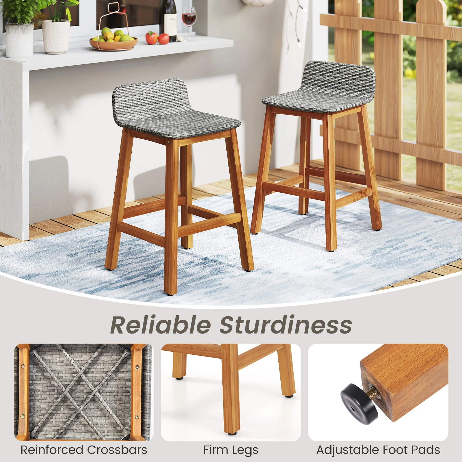 Solid Acacia Wood Bar Stools, Set of 2, Gray - Image 9