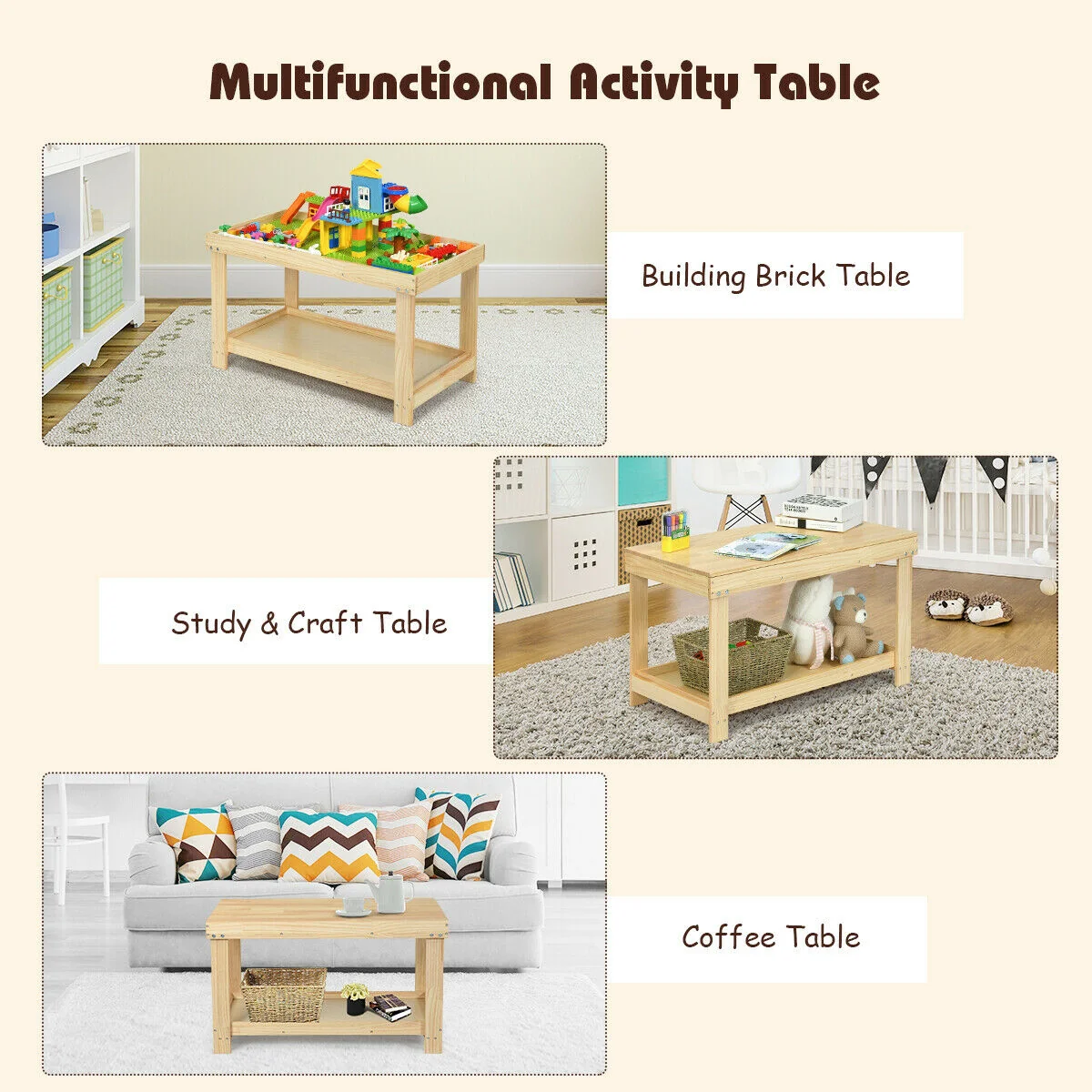 Solid Multifunctional Wood Kids Activity Play Table, Natural - Image 6