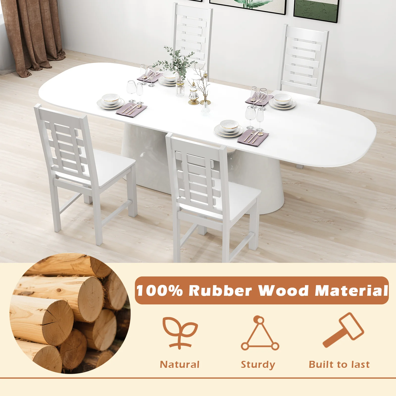 Solid Rubber Wood Dining Chair Set, 2 Chairs, White - Image 8