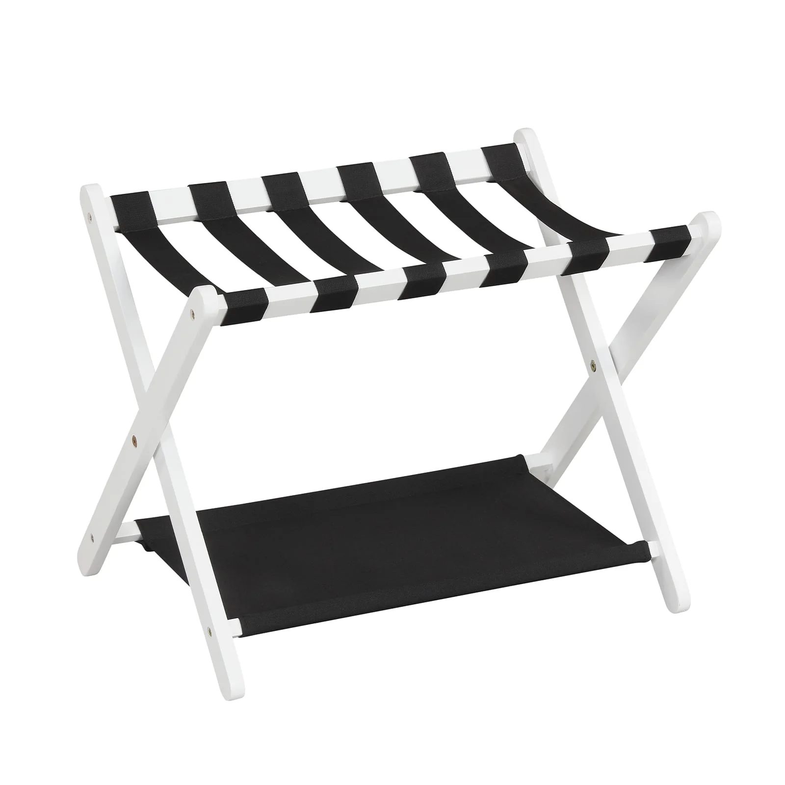 Solid Rubberwood Folding Luggage Rack, Nylon Shelves, Black & White