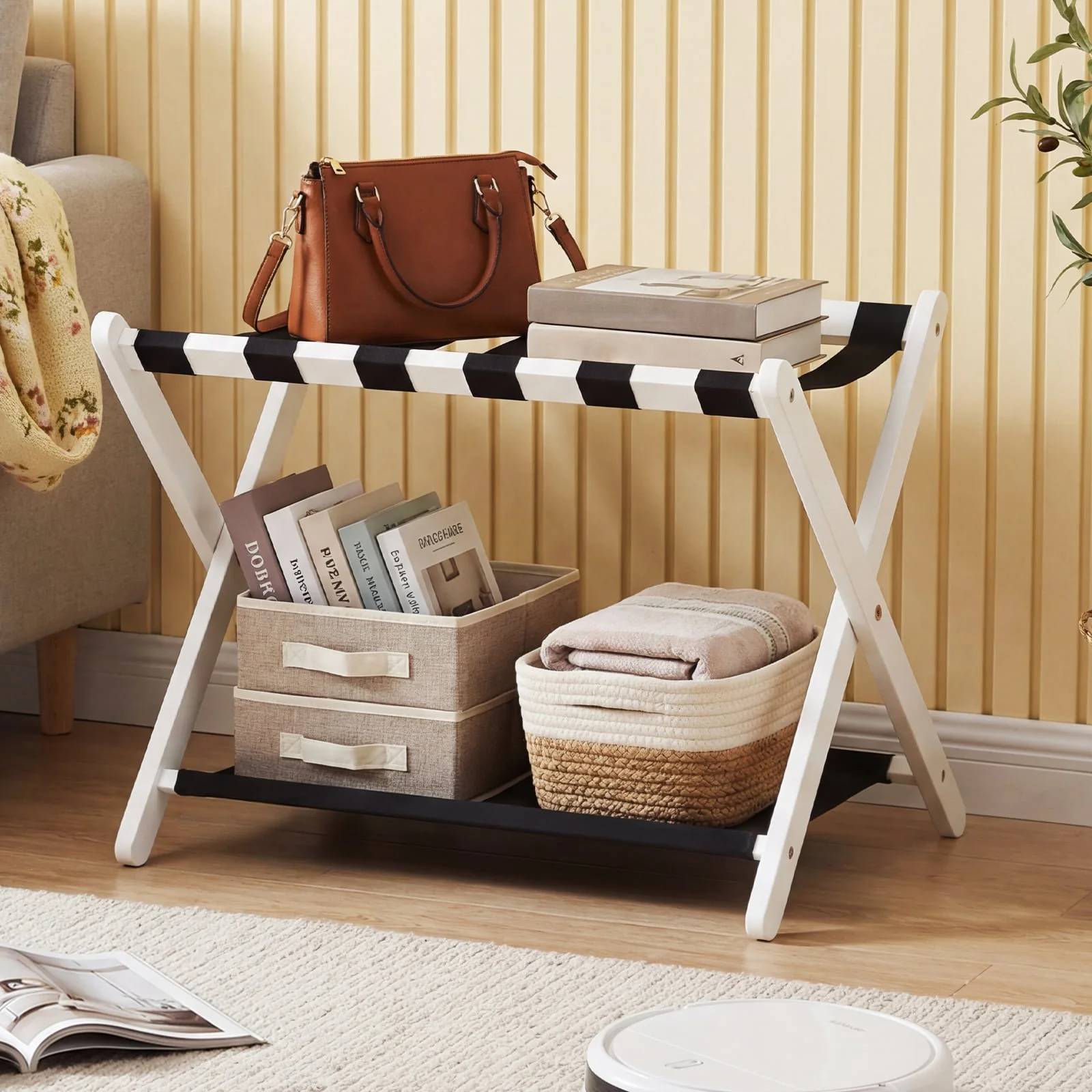 Solid Rubberwood Folding Luggage Rack, Nylon Shelves, Black & White - Image 3