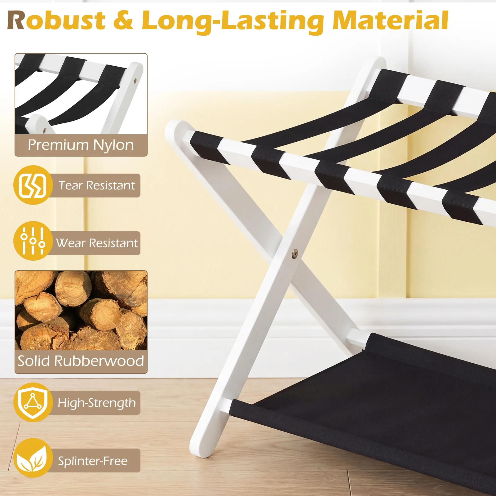 Solid Rubberwood Folding Luggage Rack, Nylon Shelves, Black & White - Image 6