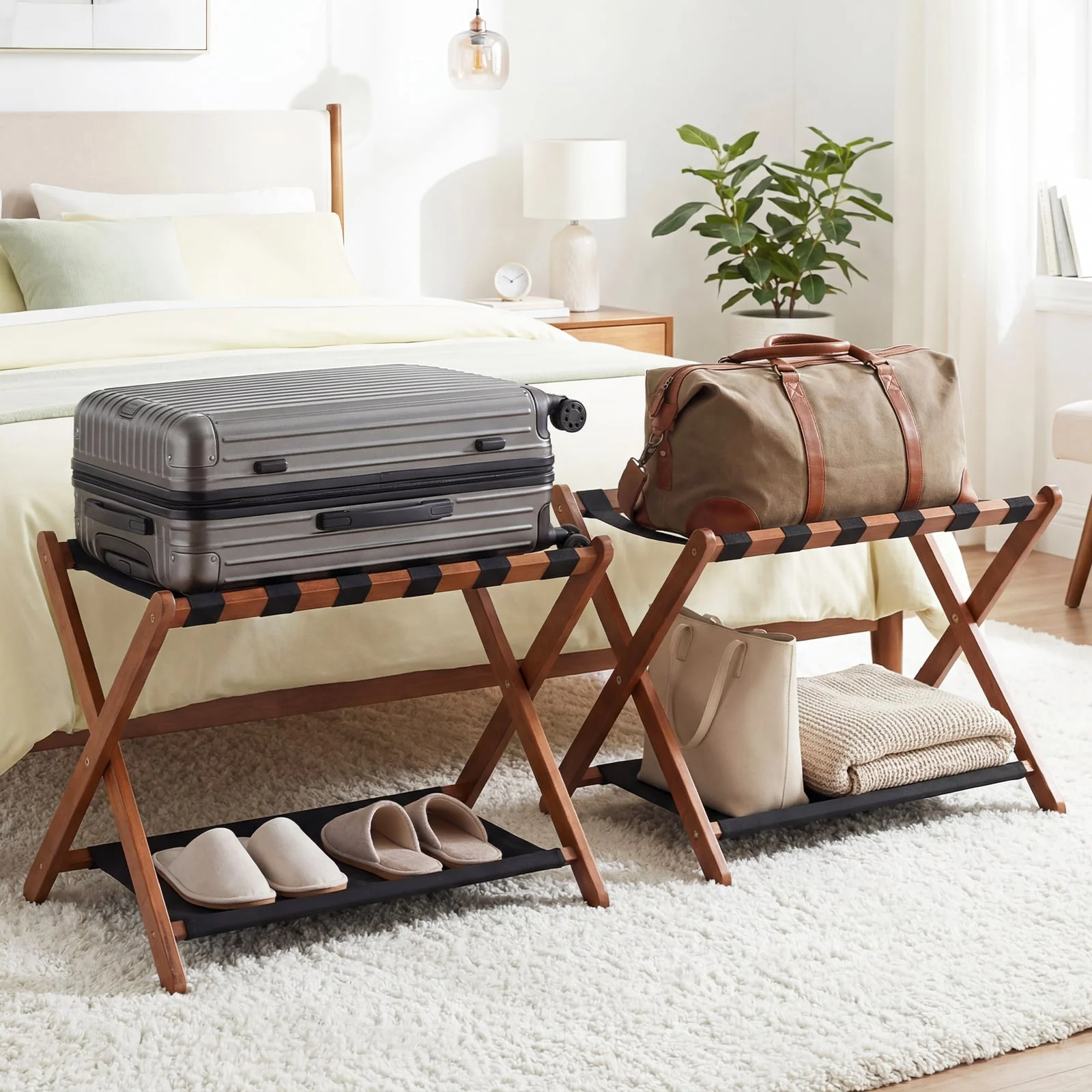 Solid Rubberwood Folding Luggage Rack, Nylon Shelves, Set Of 2 - Image 2