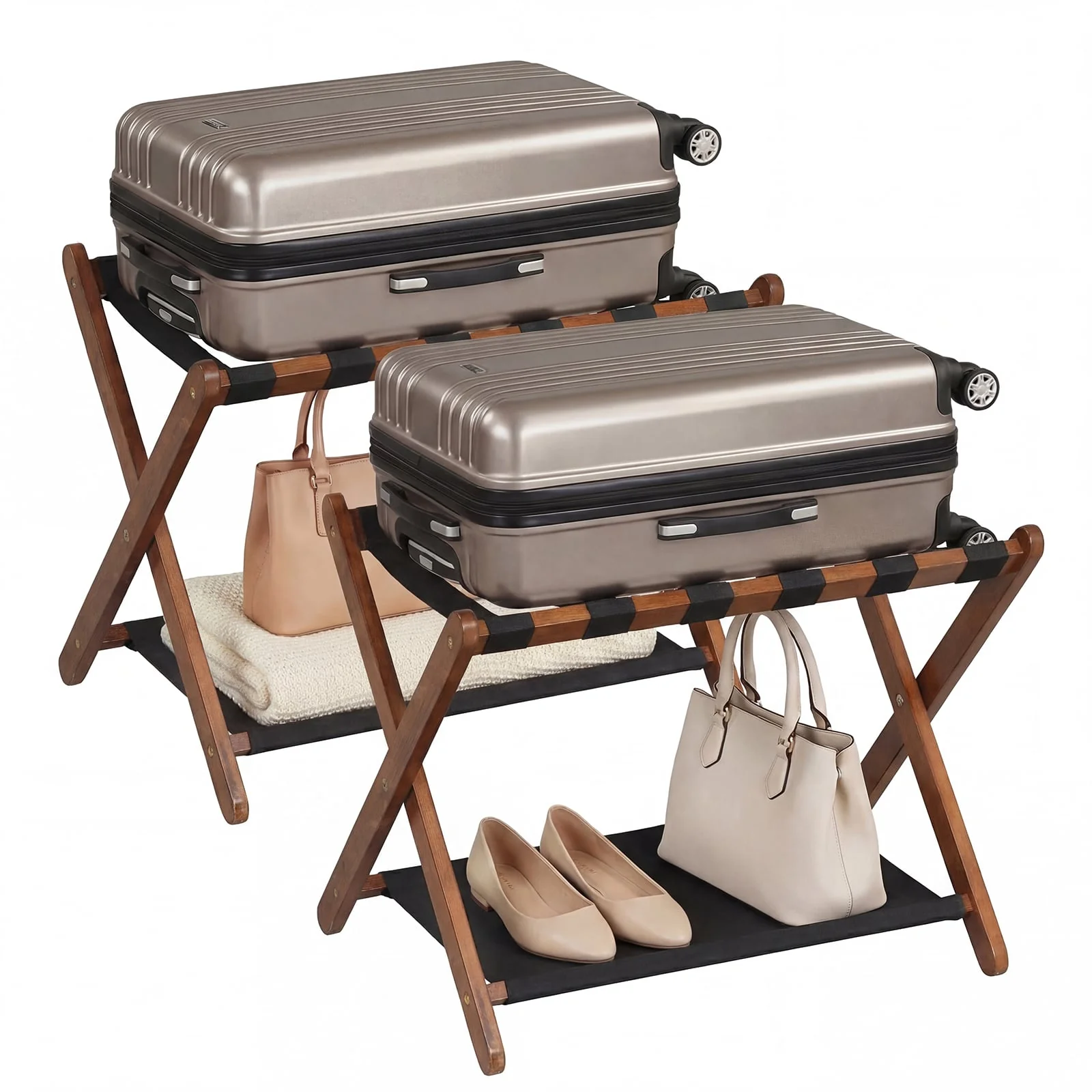 Solid Rubberwood Folding Luggage Rack, Nylon Shelves, Set Of 2 - Image 4