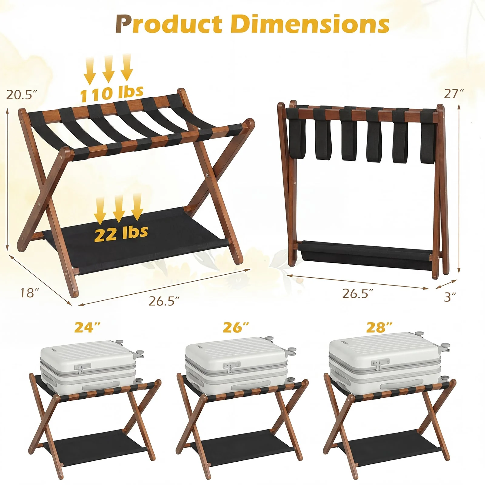 Solid Rubberwood Folding Luggage Rack, Nylon Shelves, Set Of 2 - Image 5