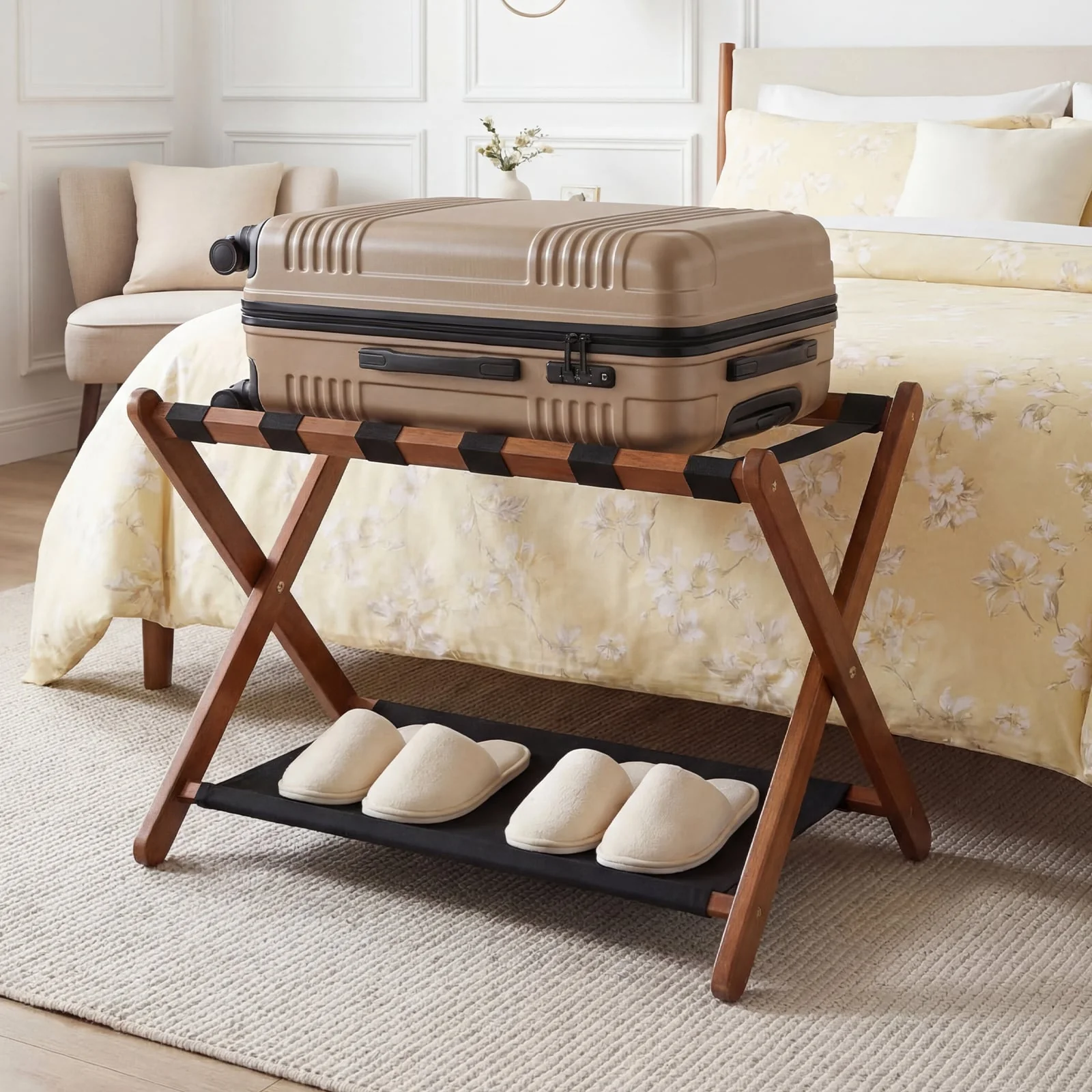 Solid Rubberwood Folding Luggage Rack With Nylon Shelves - Image 2
