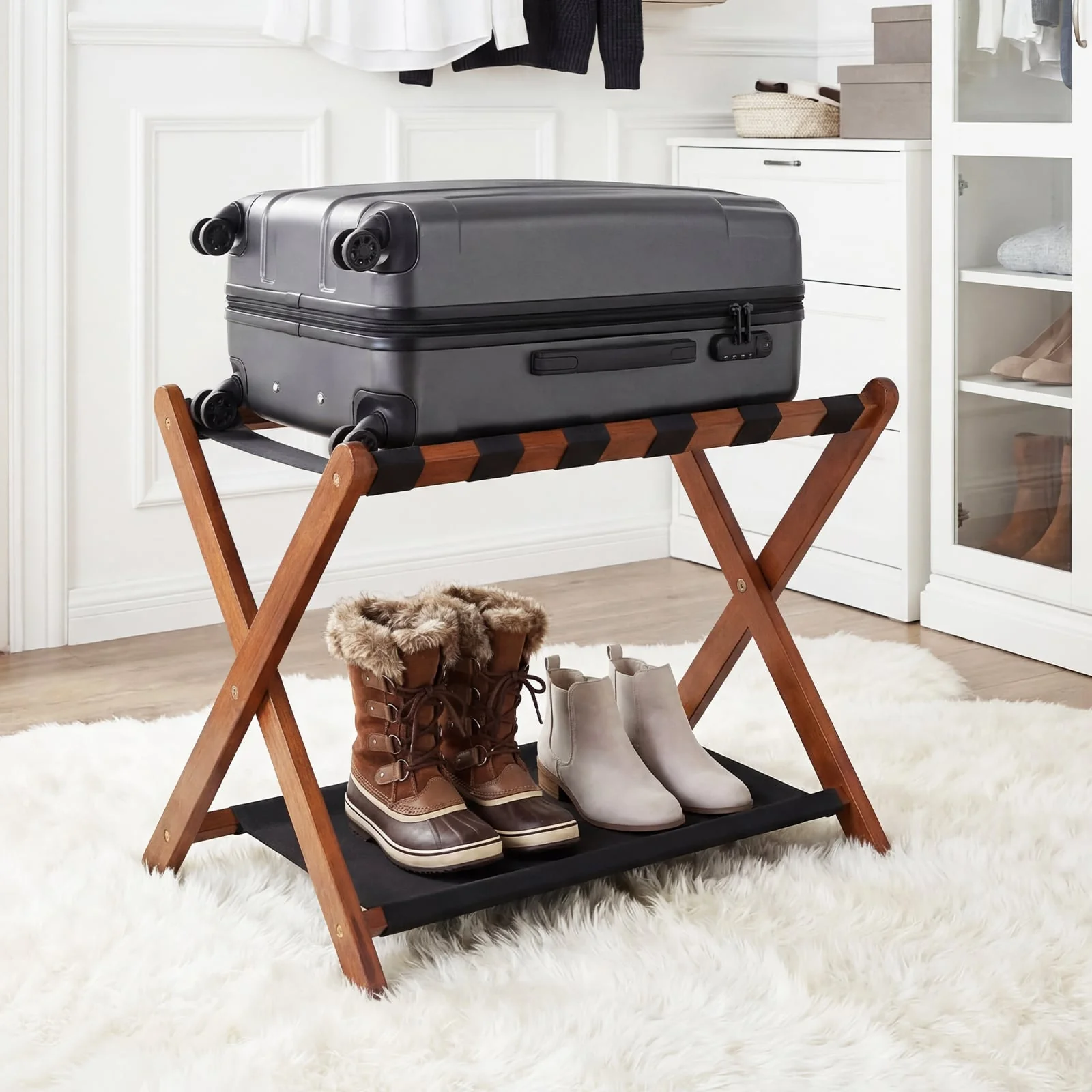 Solid Rubberwood Folding Luggage Rack With Nylon Shelves - Image 3