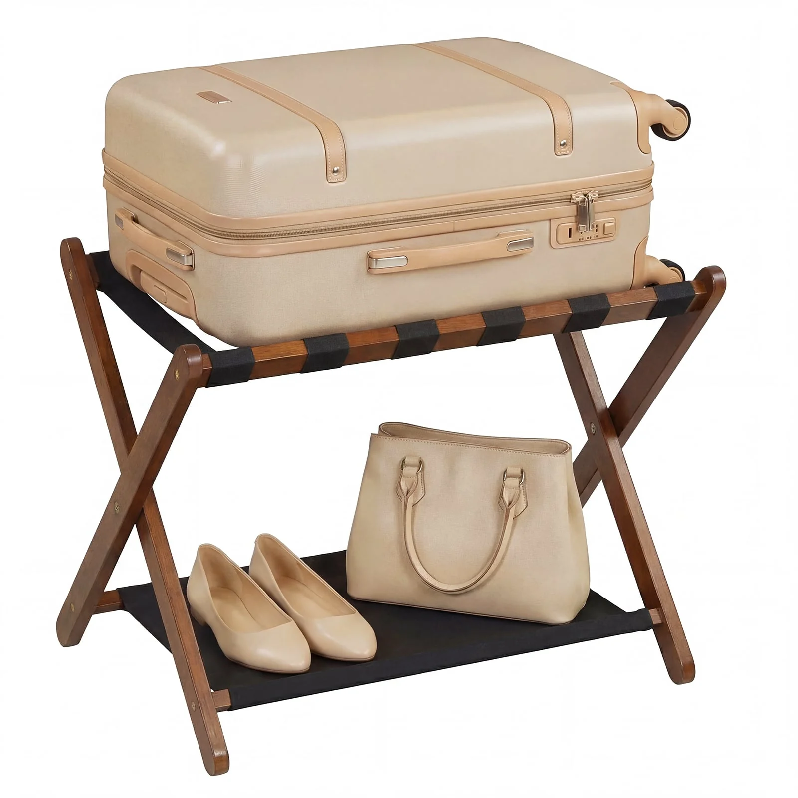Solid Rubberwood Folding Luggage Rack With Nylon Shelves - Image 4