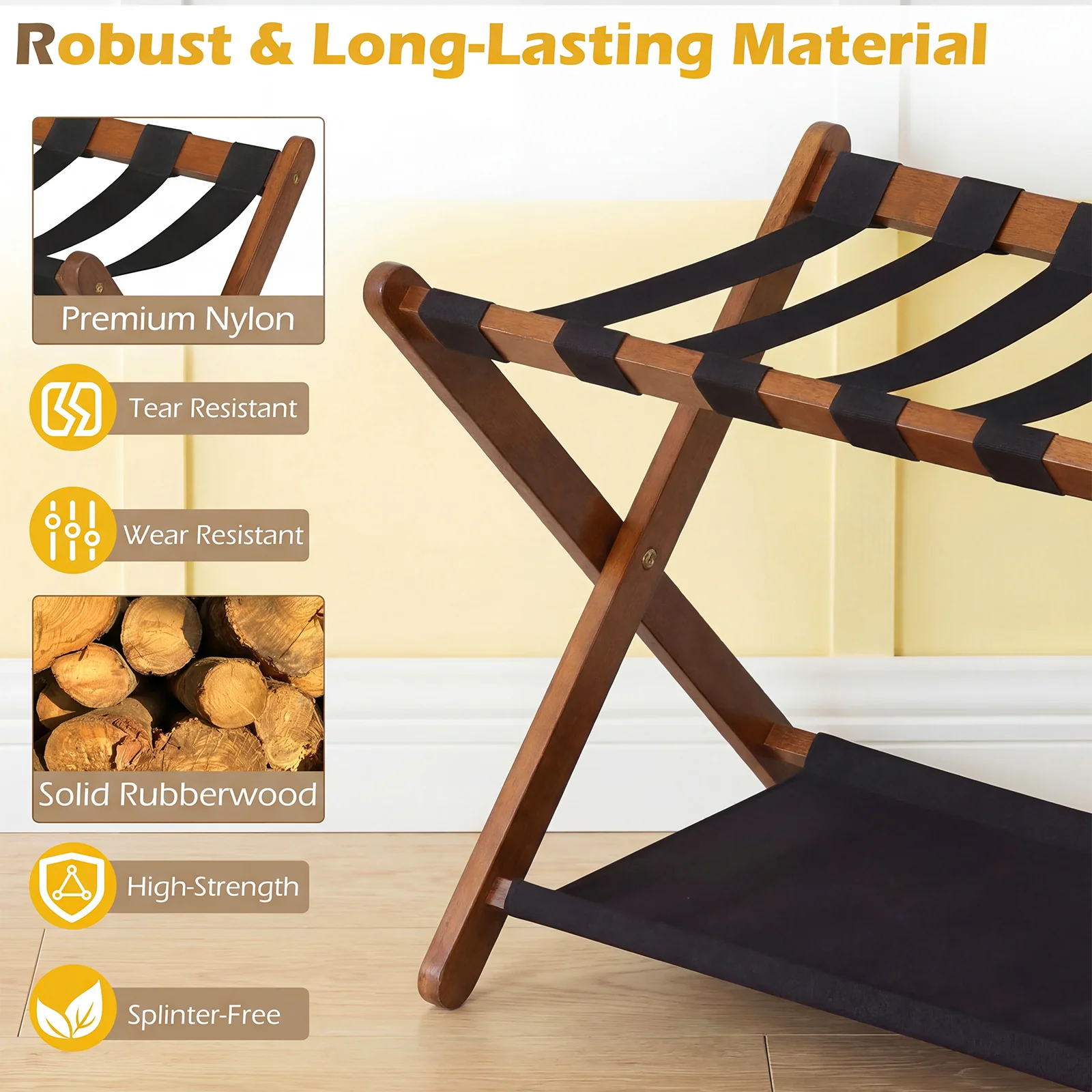 Solid Rubberwood Folding Luggage Rack With Nylon Shelves - Image 6