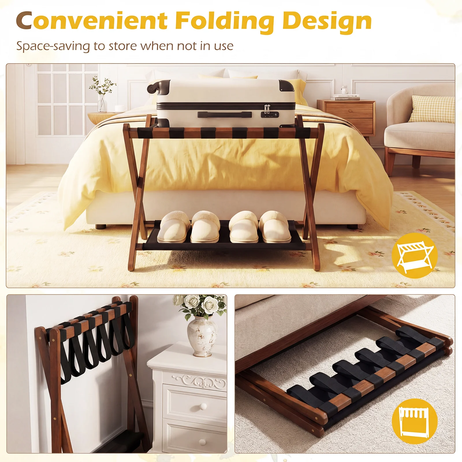 Solid Rubberwood Folding Luggage Rack With Nylon Shelves - Image 7