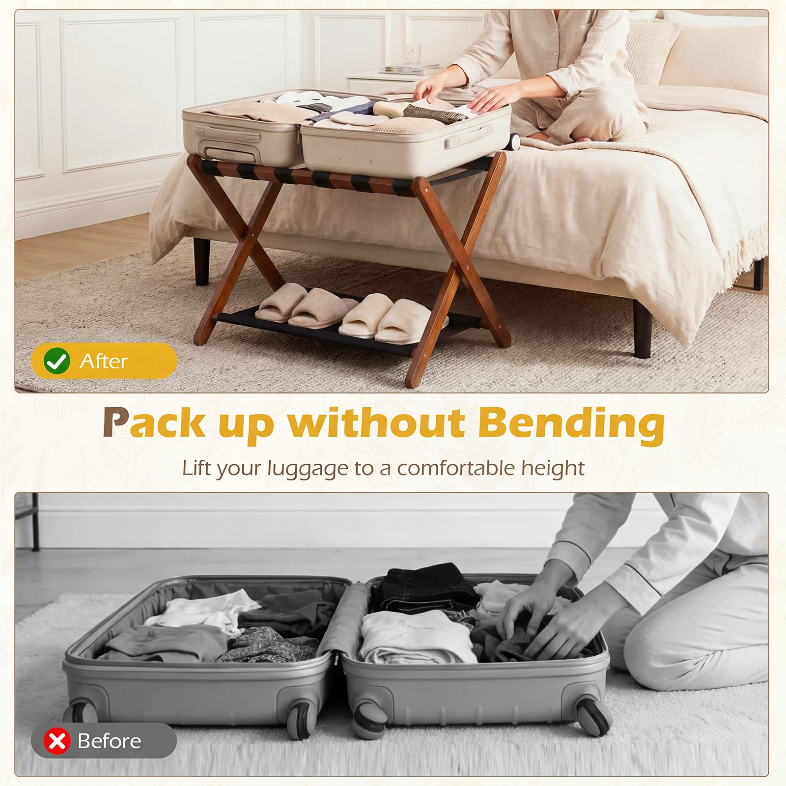 Solid Rubberwood Folding Luggage Rack With Nylon Shelves - Image 8