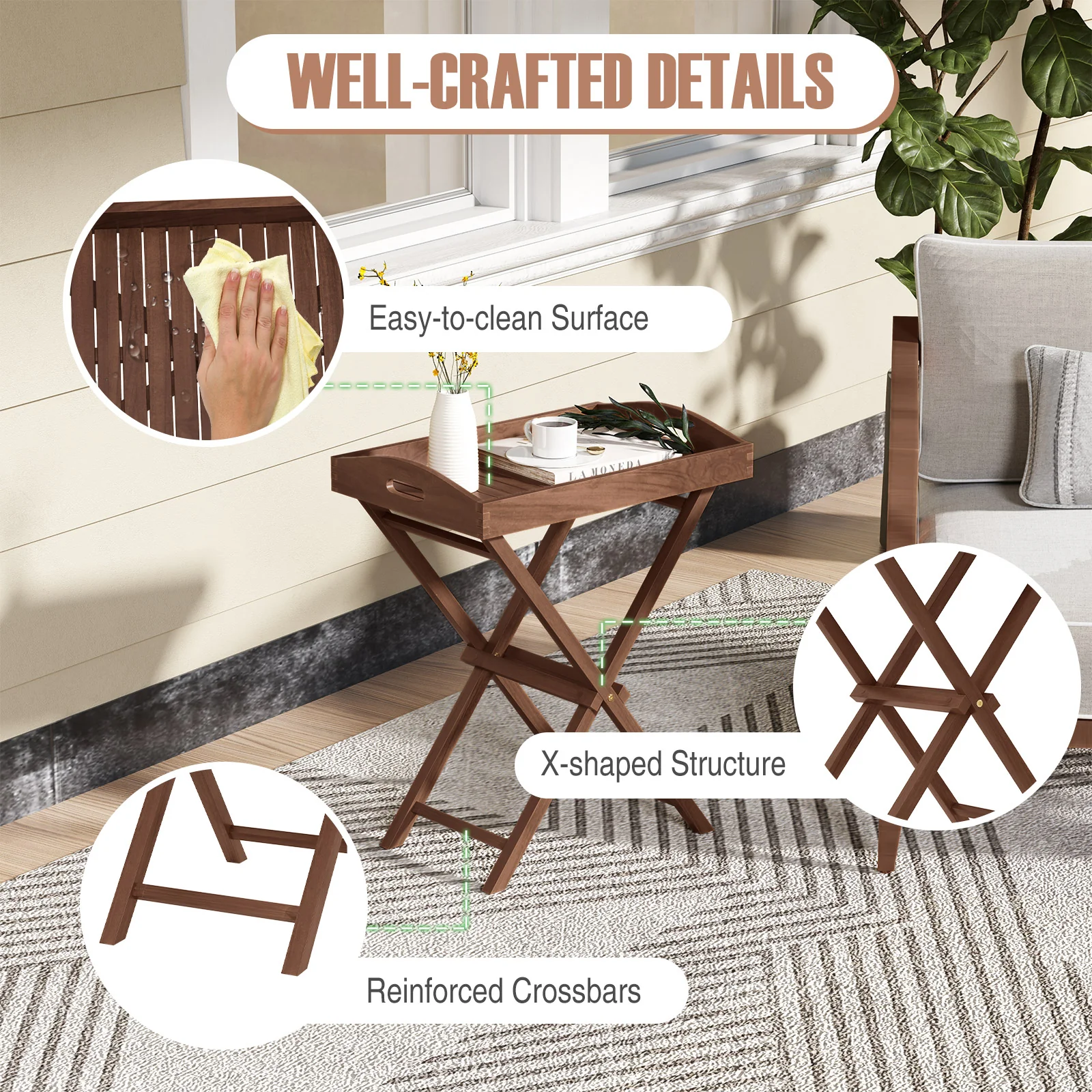 Solid Teak Wood Tray Table, Removable Tray Top, Patio Garden - Image 10
