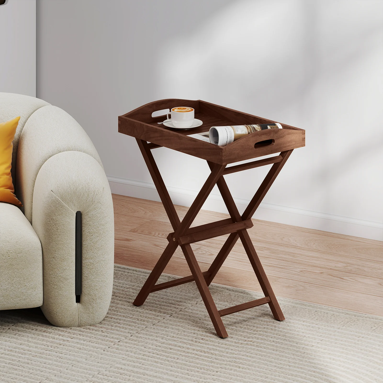 Solid Teak Wood Tray Table, Removable Tray Top, Patio Garden - Image 2