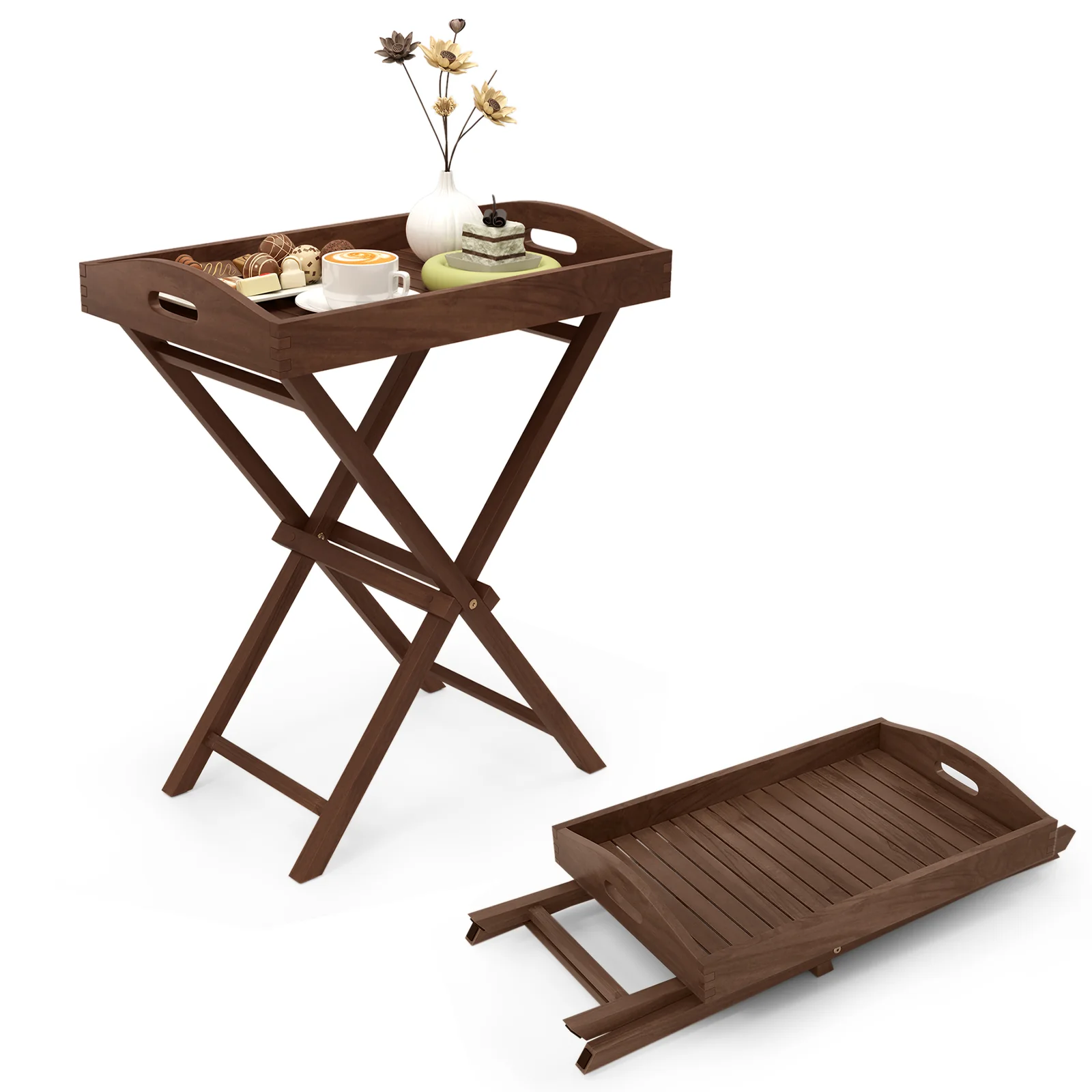 Solid Teak Wood Tray Table, Removable Tray Top, Patio Garden - Image 5