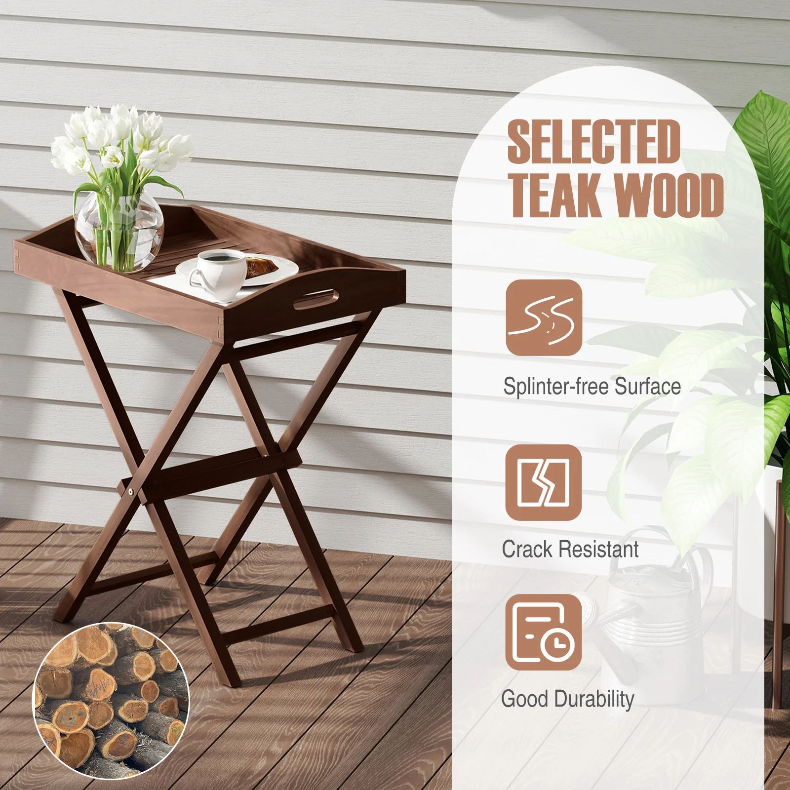 Solid Teak Wood Tray Table, Removable Tray Top, Patio Garden - Image 7