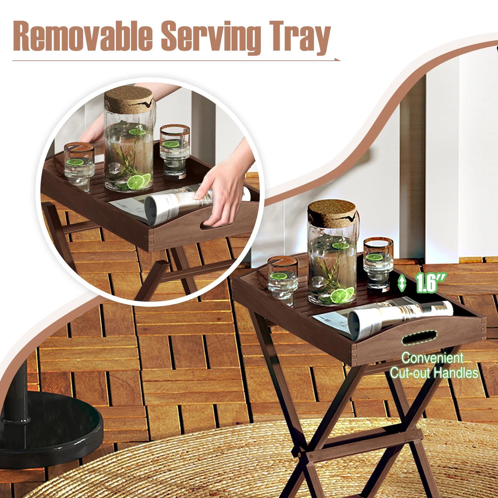 Solid Teak Wood Tray Table, Removable Tray Top, Patio Garden - Image 8