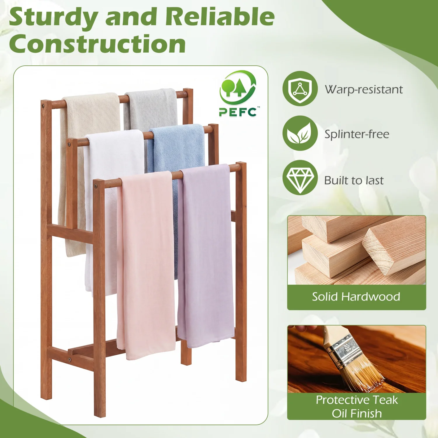 Solid Wood 3-Tier Towel Rack, Teak Oil Finish, Natural - Image 8