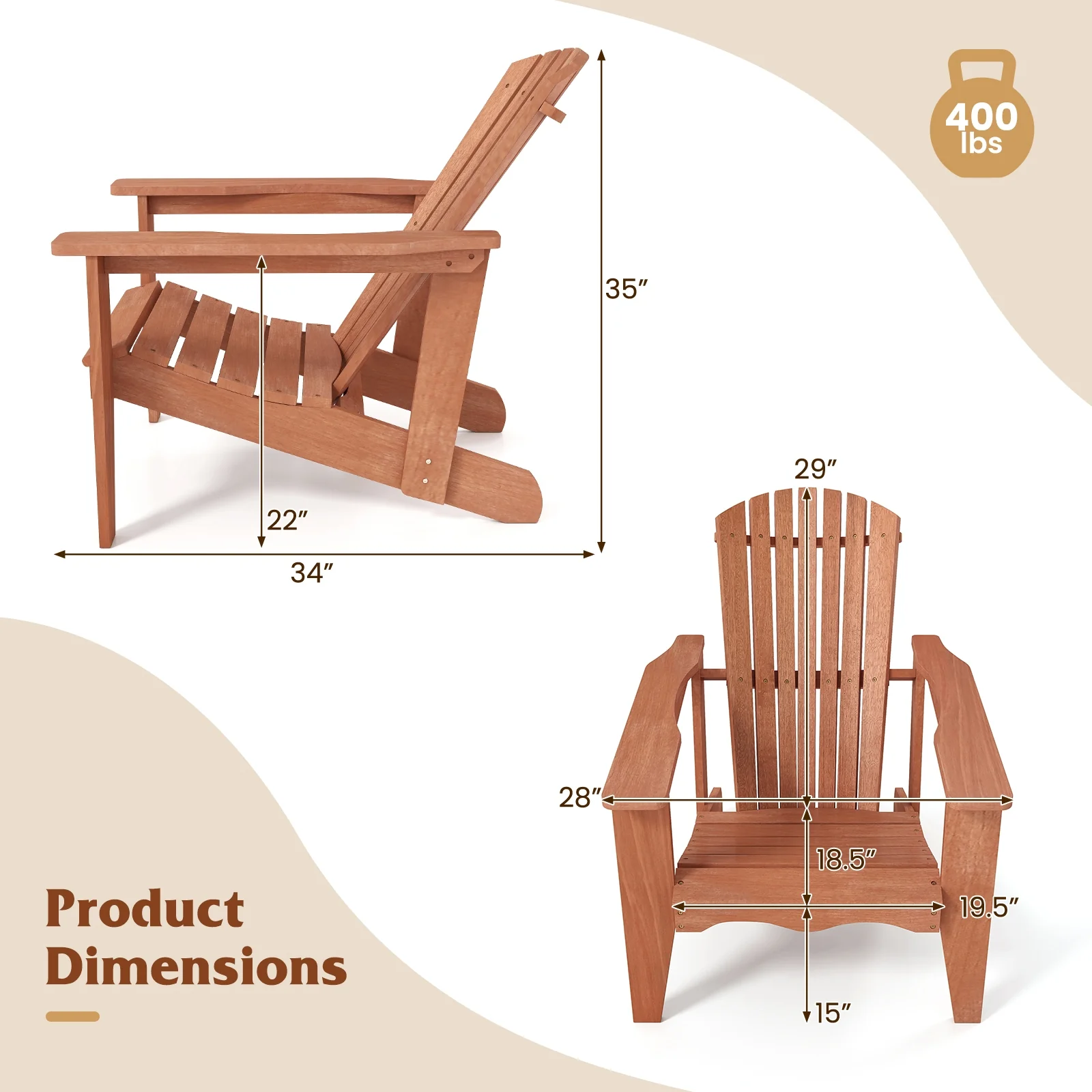 Solid Wood Adirondack Chair, High Backrest, Wide Armrests, Natural - Image 5