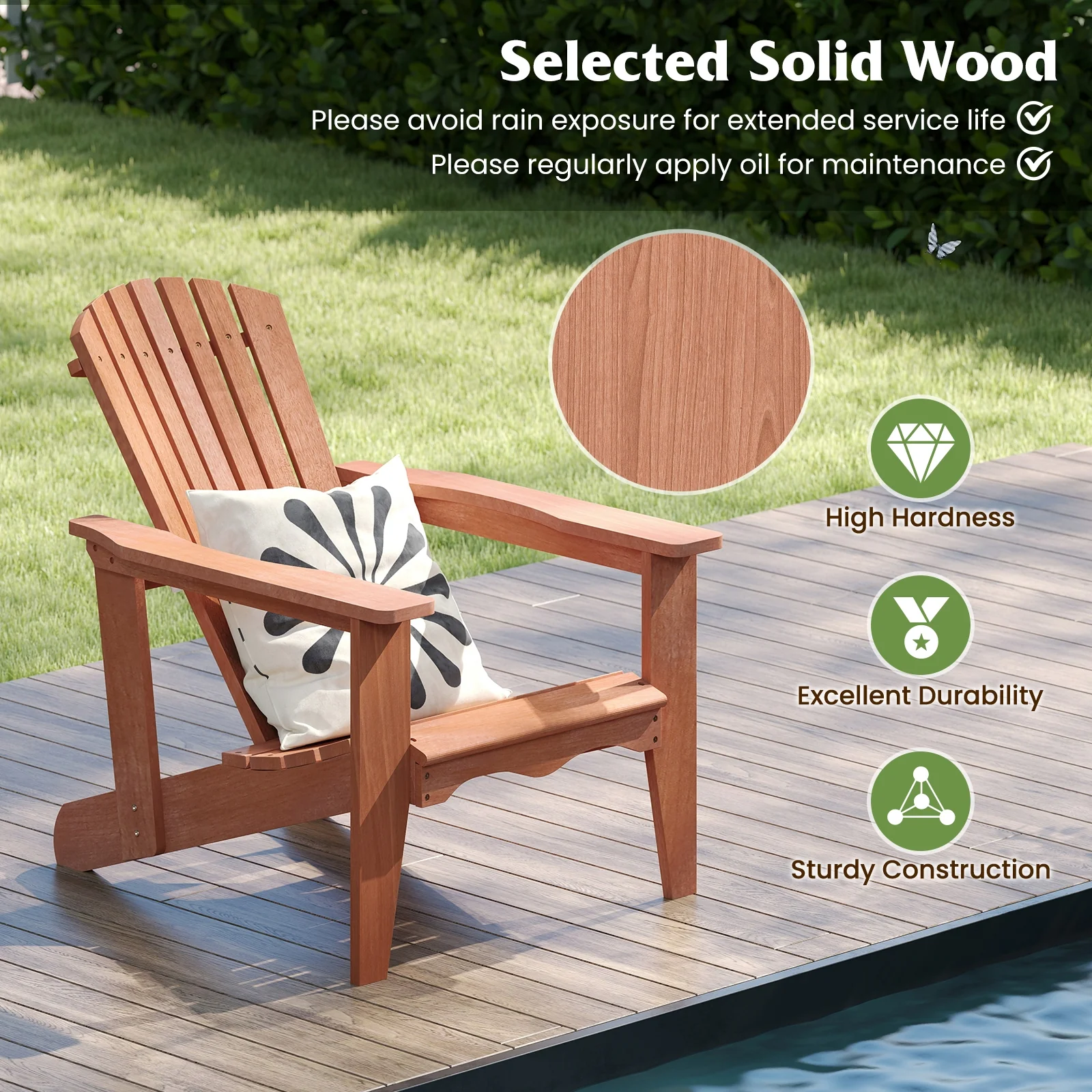 Solid Wood Adirondack Chair, High Backrest, Wide Armrests, Natural - Image 7