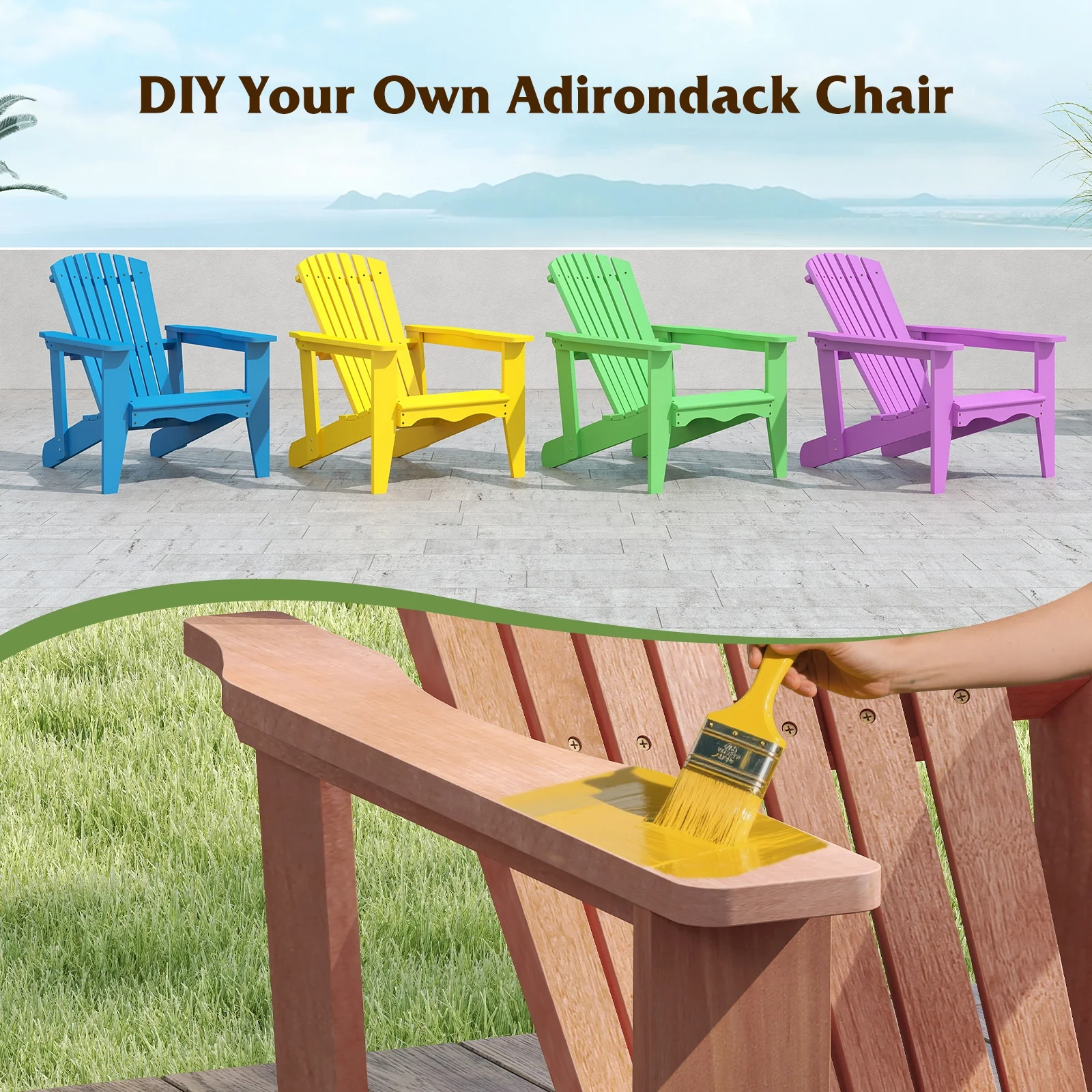 Solid Wood Adirondack Chair, High Backrest, Wide Armrests, Natural - Image 8