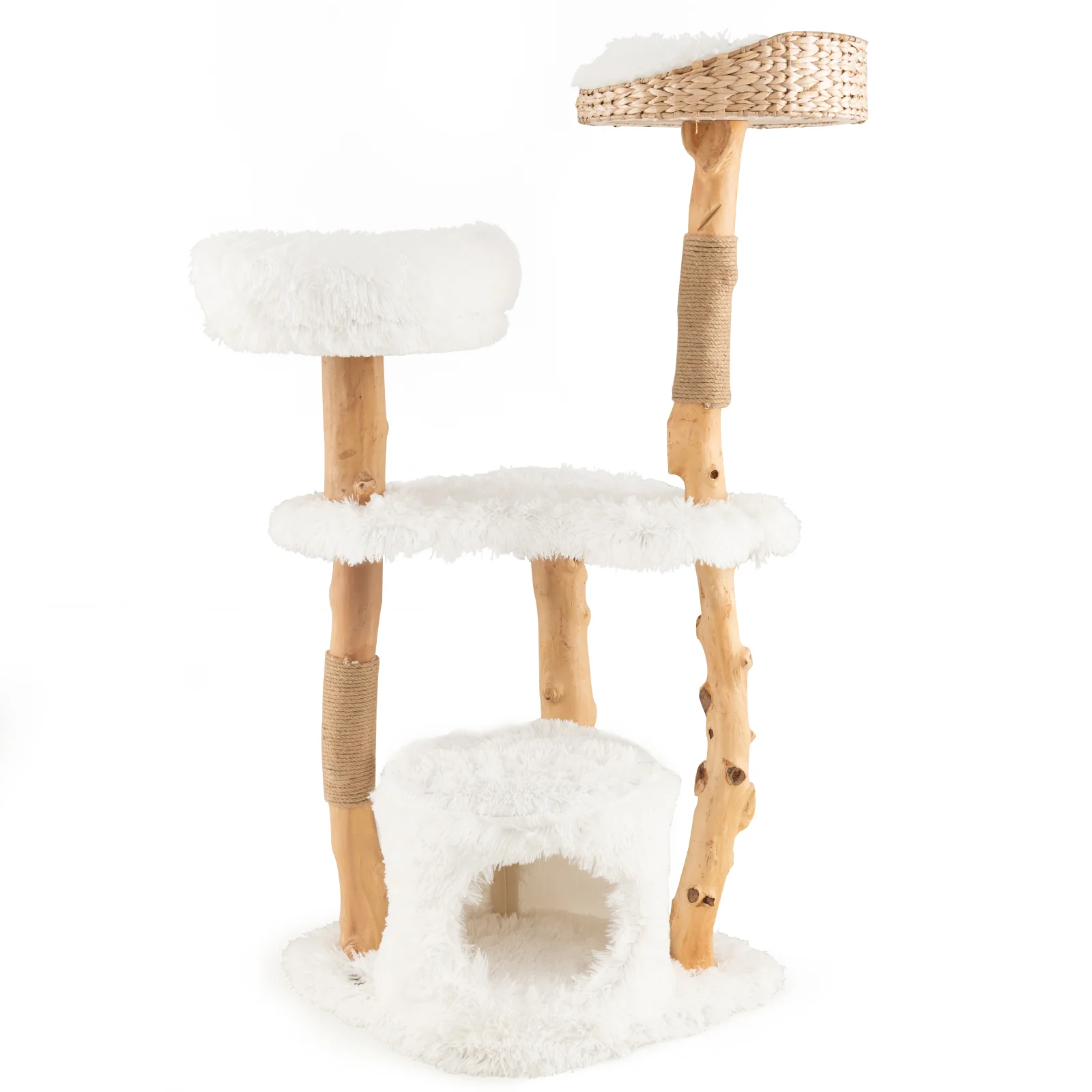 Solid Wood Cat Tower with Cattail Basket, White